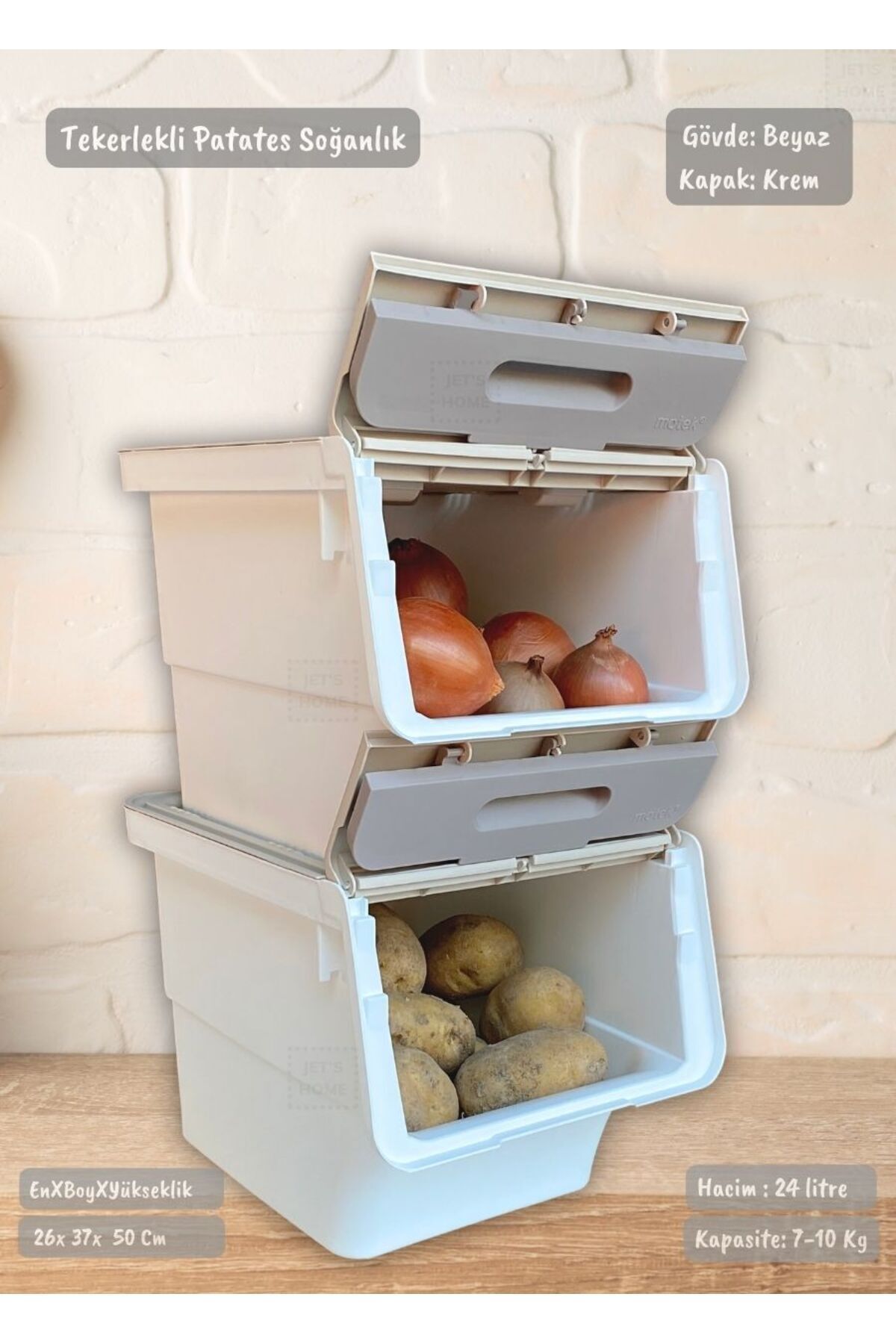 2-Wheel Potato Onion Basket Supply Box Vegetable Holder White Cream Motek 24 Lt