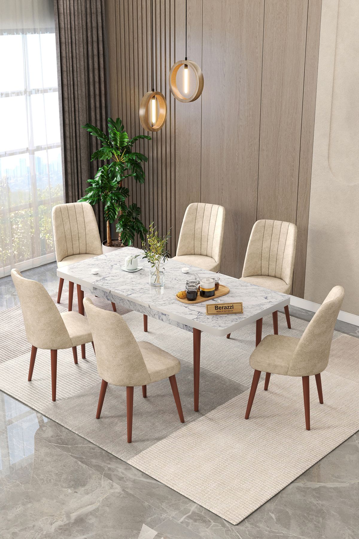 BERAZZİ Mermer 80x130 Açılır Yemek Masası , Yemek Masa Takımı Metal Ayaklı 6 Sandalye