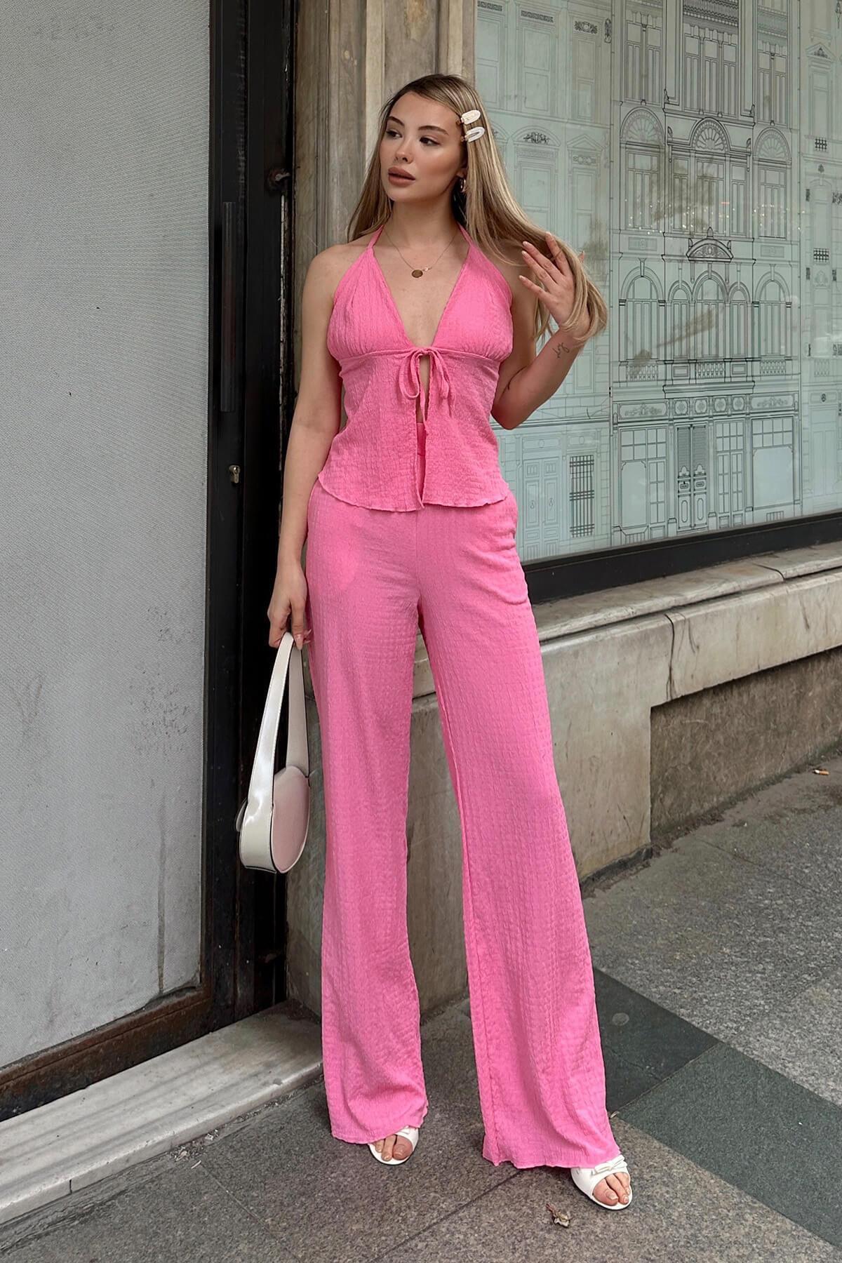 Swist-Pink Lacing Detailed Crop-Pants Wrap Women's Top and Bottom Set 2