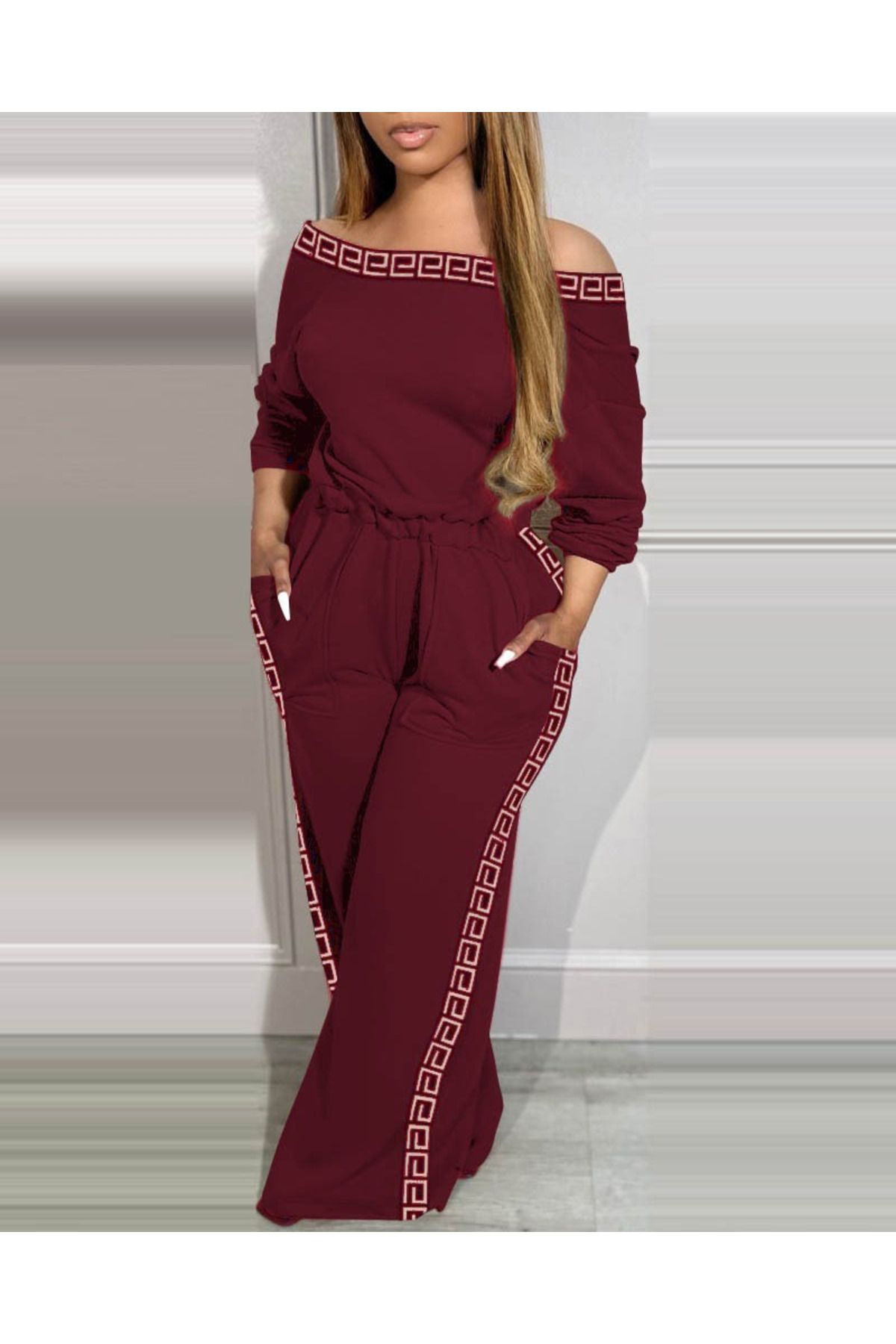 NOSTALJİX Kadın Uzun Kollu Omuzlardan Açık Beli Lastikli Cepli şerit Desenli Viskon Iki Iplik Tulum