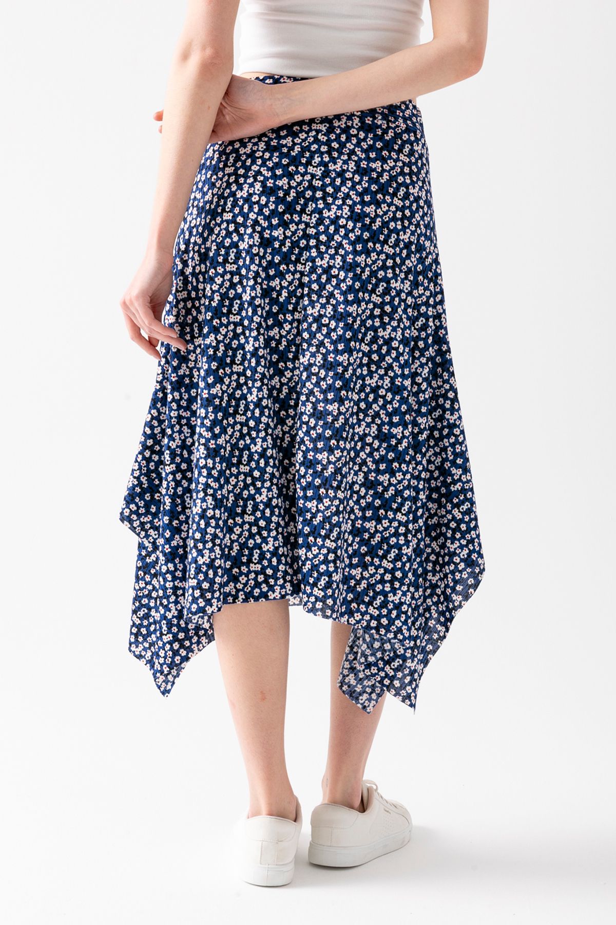 CNRCollection-Fusta asimetrică cu volan, cu tăietură asimetrică, cu model floral, albastru închis pentru femei 8