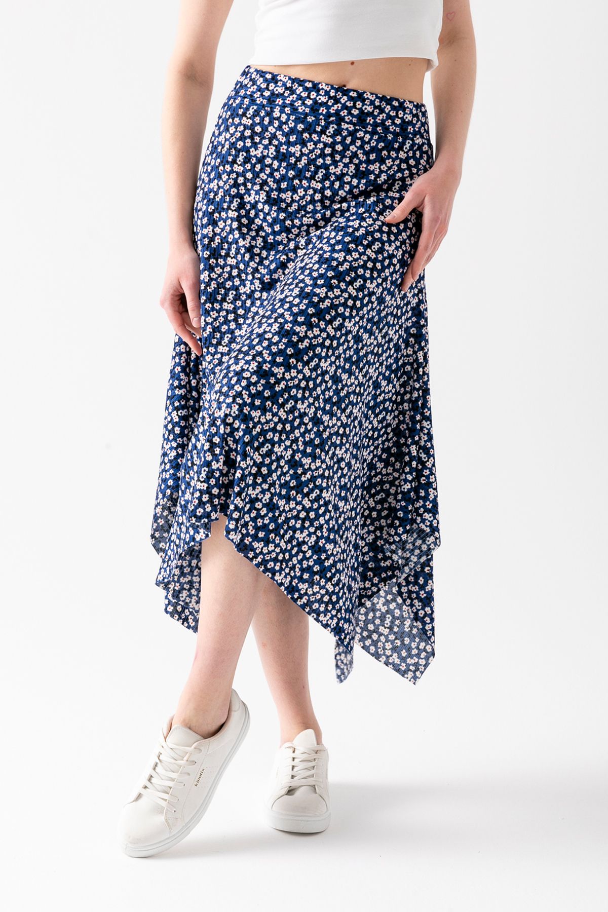 CNRCollection-Fusta asimetrică cu volan, cu tăietură asimetrică, cu model floral, albastru închis pentru femei 6