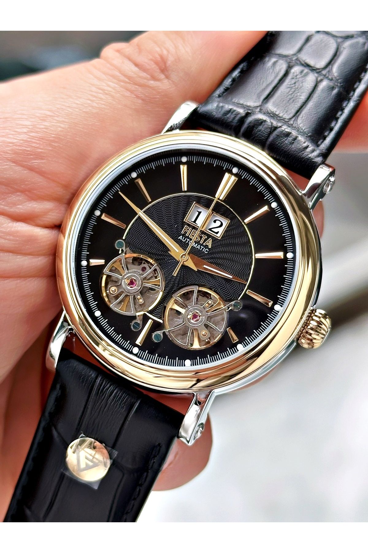 Fiesta-Black Color Double Turbines Leather Band Business Automatic Men Wrist Watch + Bracelet 6