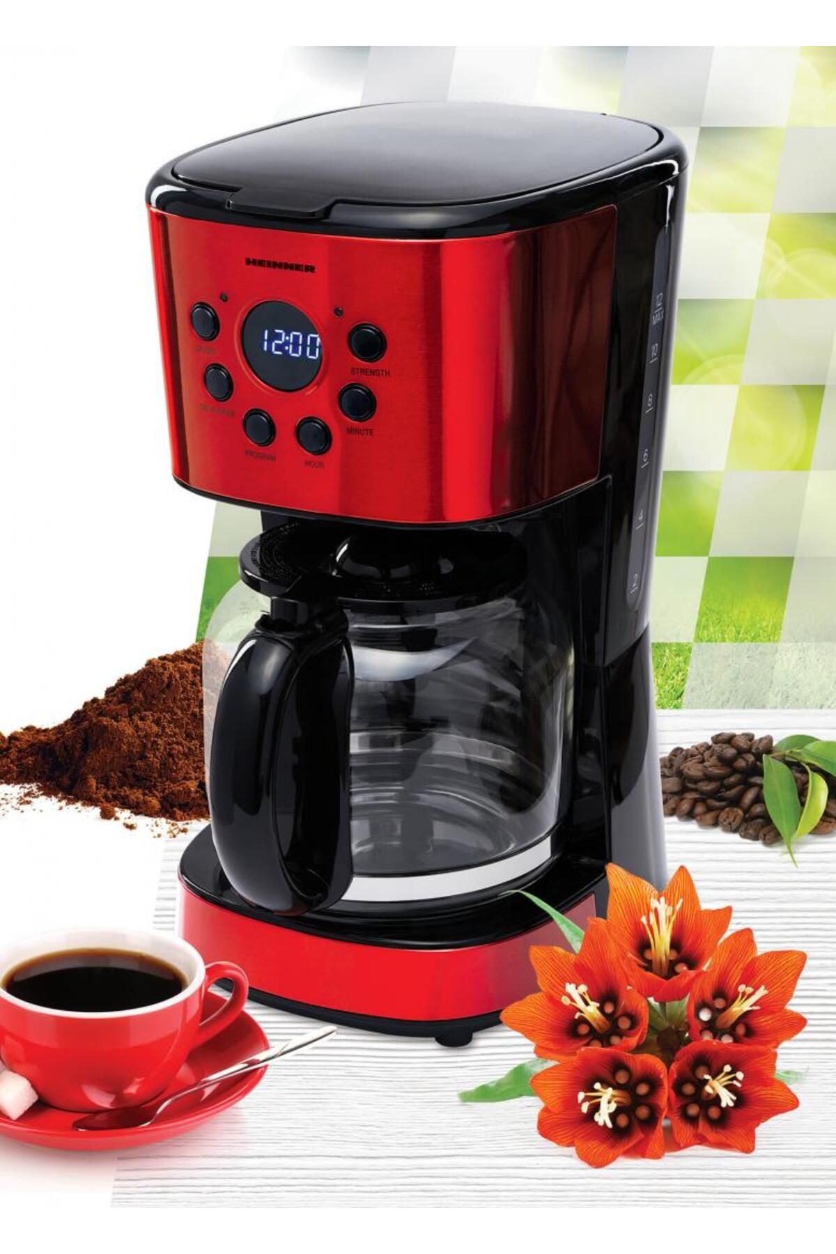 Heinner-Heinner HCM-1500RDIX Digital Coffee Maker 900 W, 1.5 L, Timer, Led Display, BPA Free, Red/Black 5