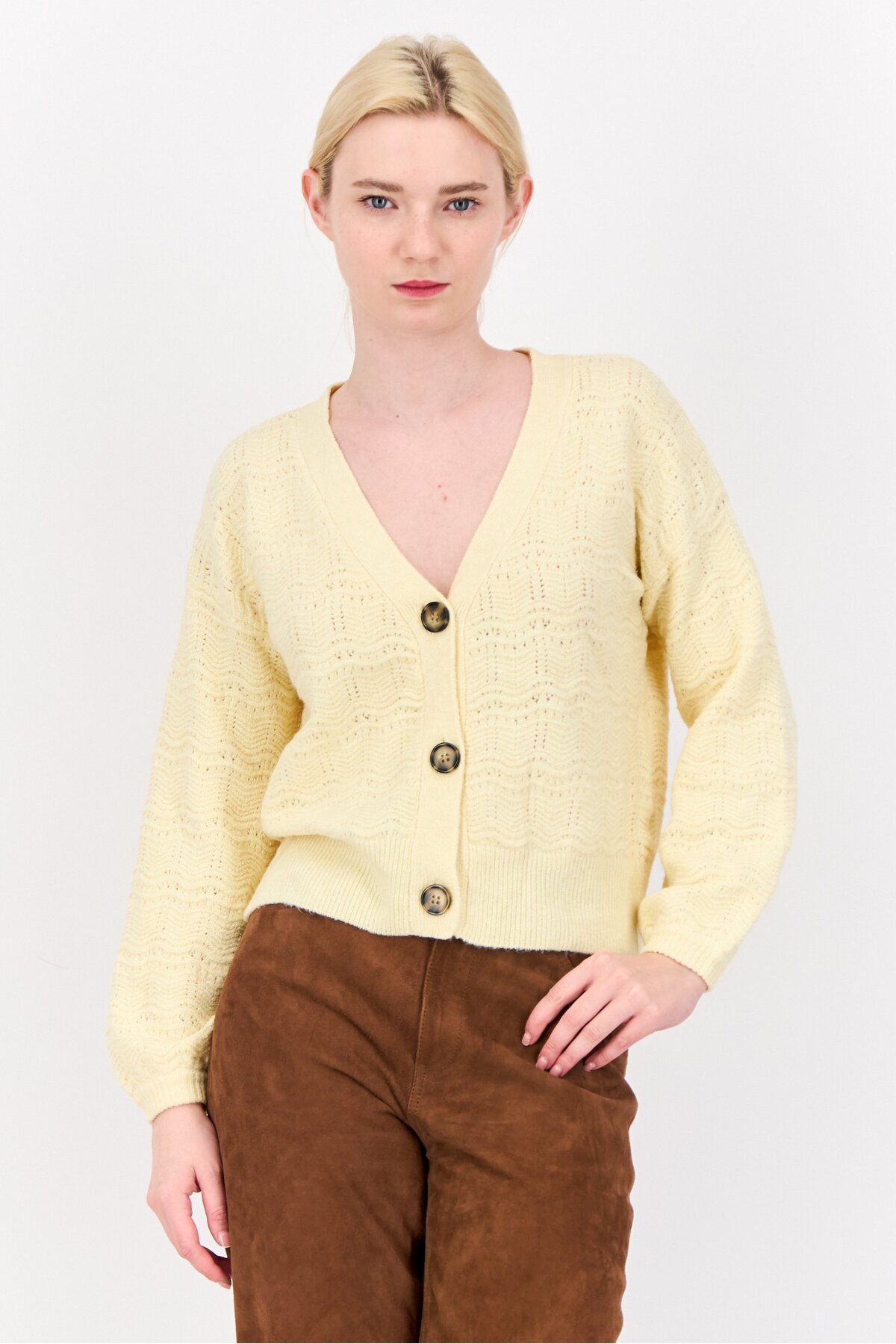 PİNK ROSE-Women V-Neck Knitted Cardigans, Yellow 1