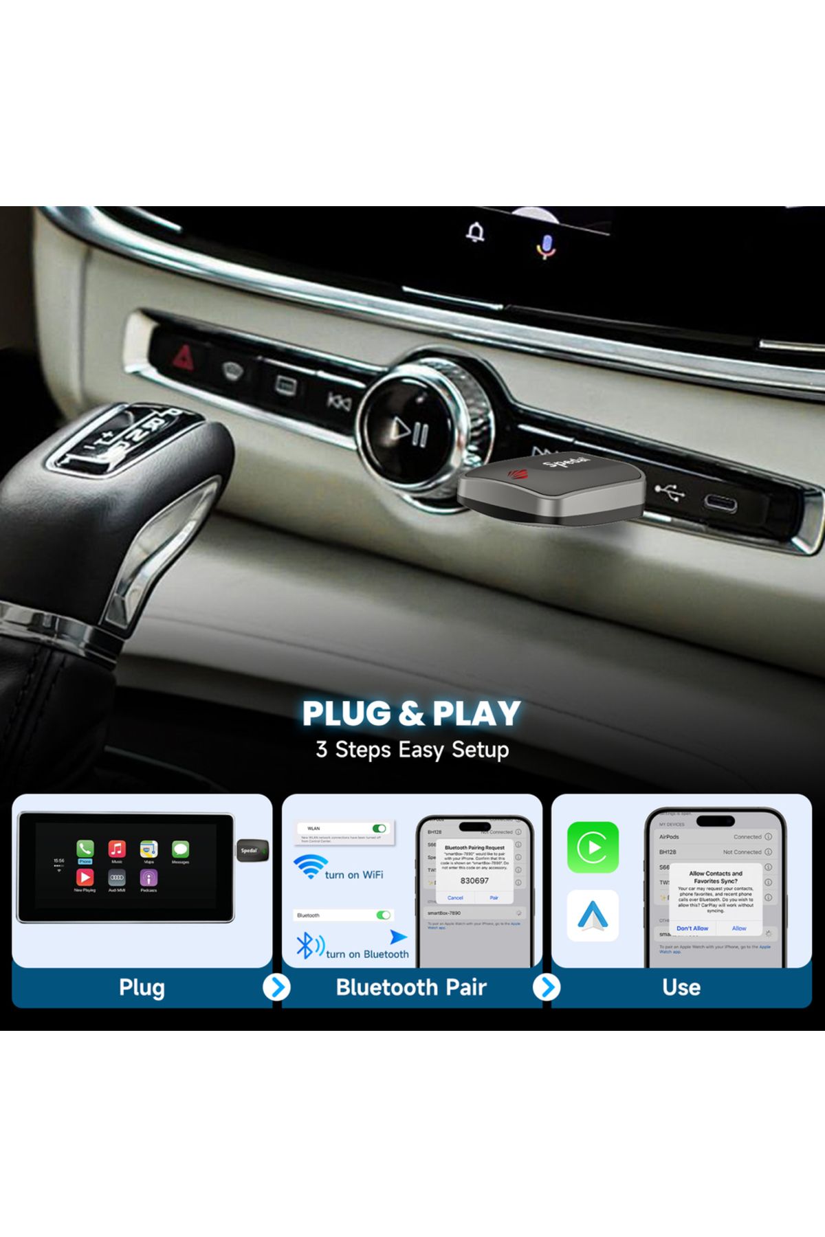 Choice-Spedal 2-in-1 Wired to Wireless CarPlay Adapter & Android Auto Wireless Adapter Plug & Play 3