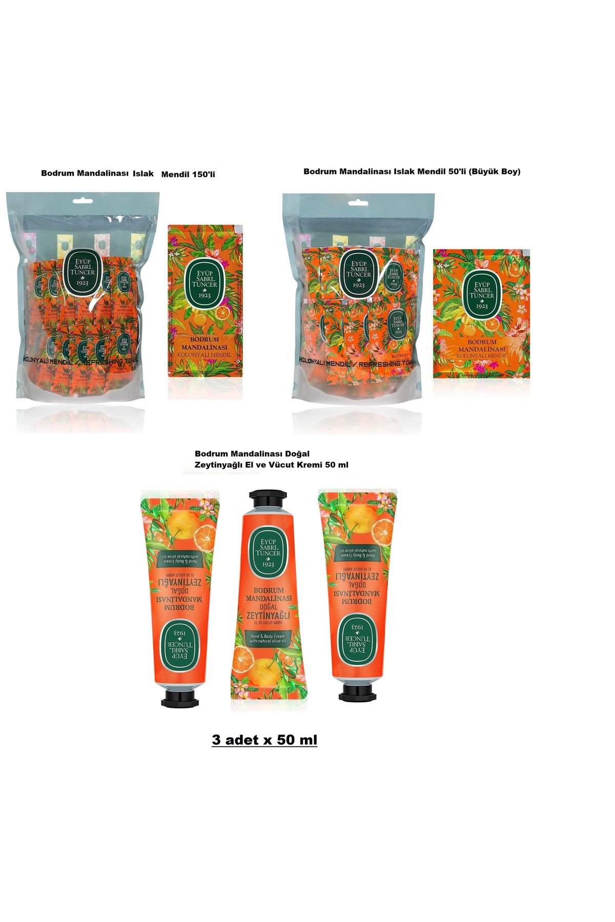 Eyüp Sabri Tuncer EYÜP SABRİ TUNCER BODRUM SERİSİ ISLAK MENDİLLER 150'Lİ VE 50'Lİ VE KREMLER 50 ML X 3 ADET