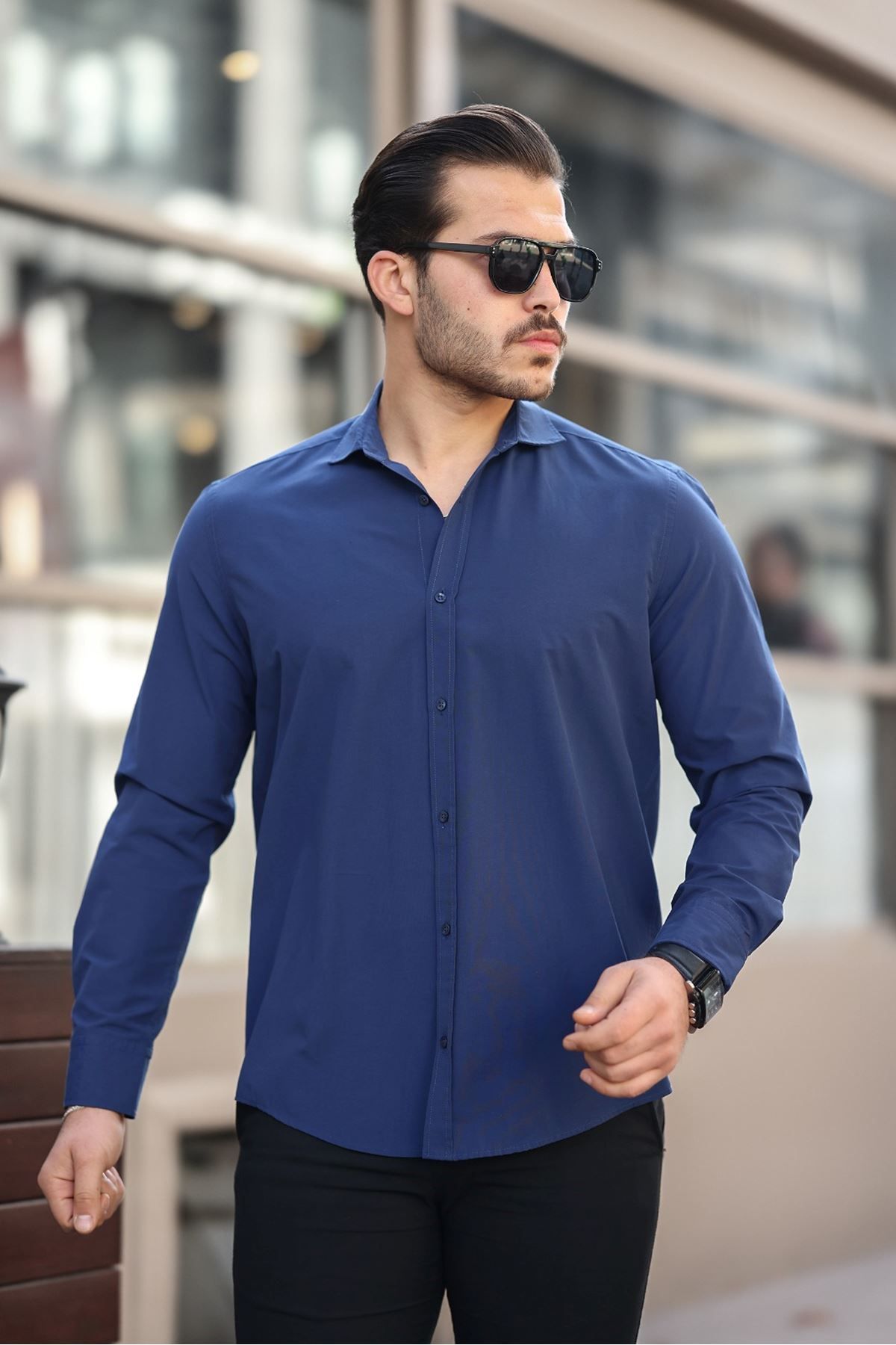 Shop58 Erkek Büyük Beden Cepsiz Lacivert Renk Pamuk Keten Gömlek