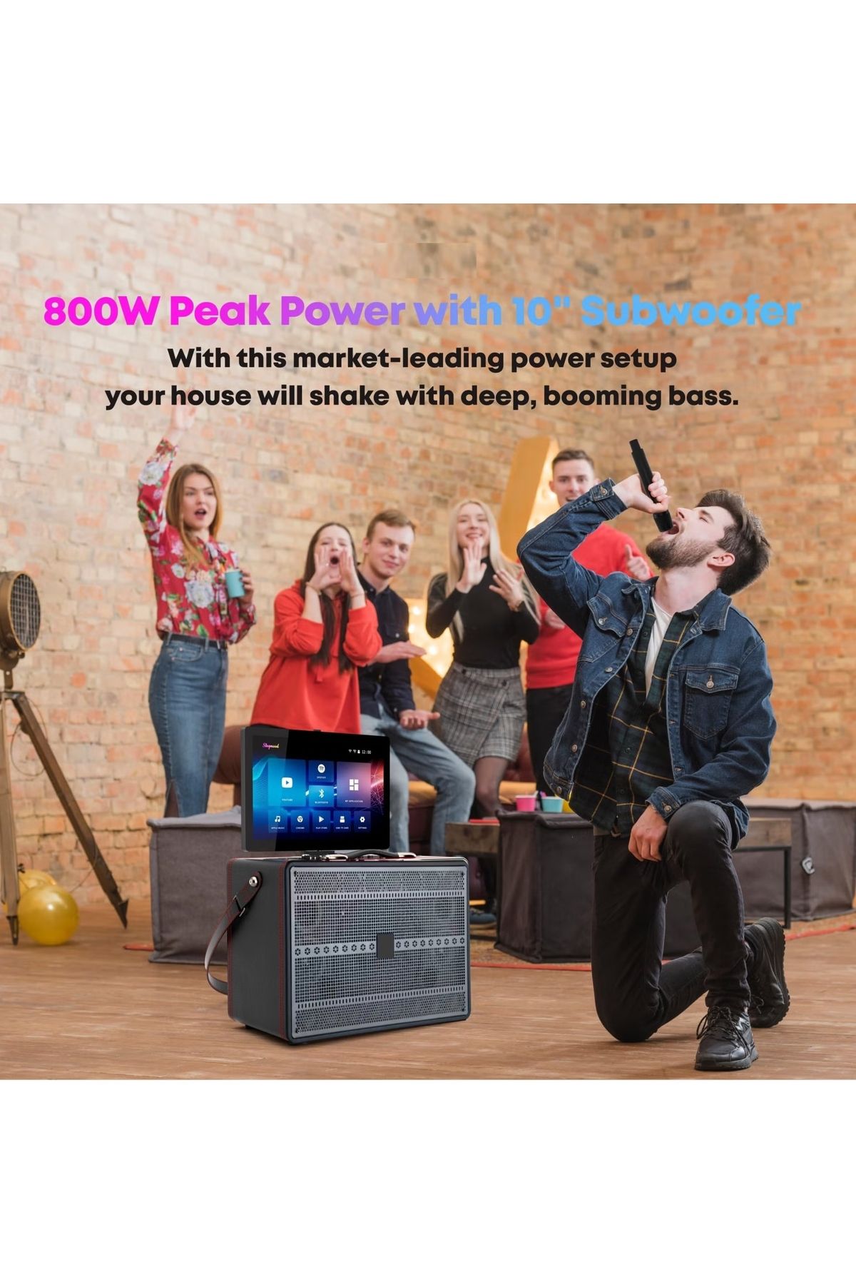 FlashHawk-Smart Karaoke Machine-with Lyrics Display and 2 Wireless Microphone, 600W Peak Power, 9000mAh Power 6