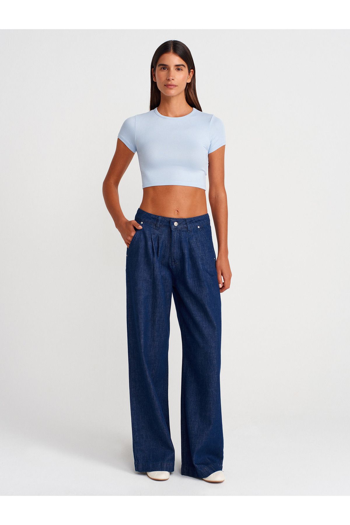 Dilvin 71976 Çift Pileli Denim Pantolon-Lacivert