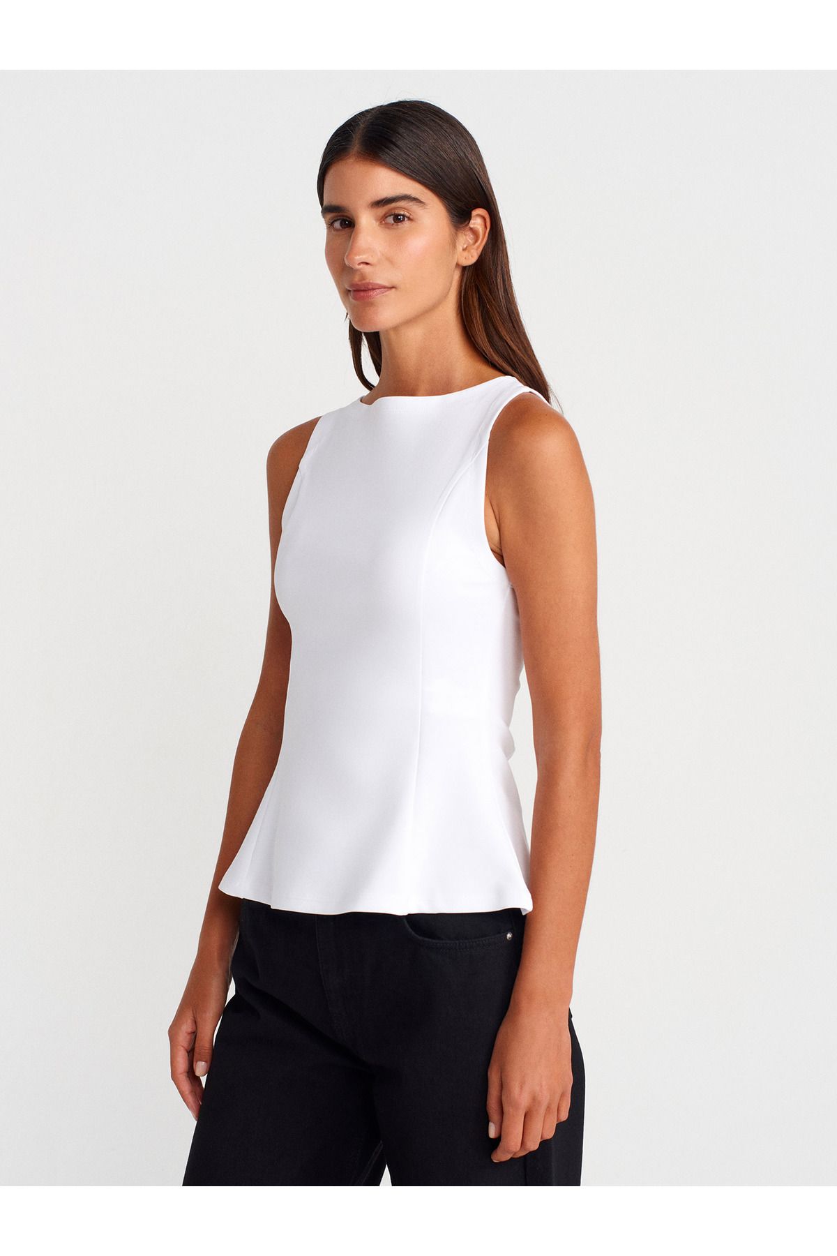 Dilvin 21001 Kayık Yaka Peplum Top-Beyaz