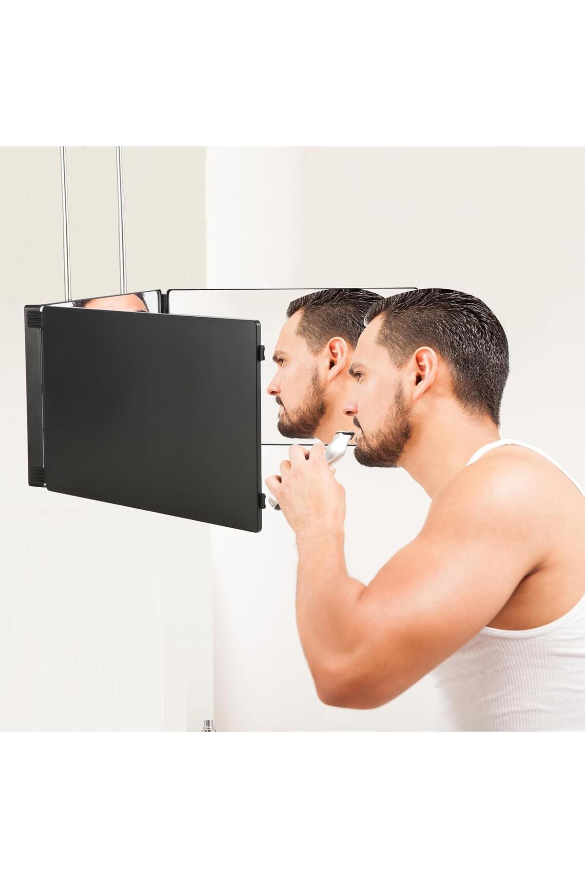 360 Degree 3 Way Personal Hair Beard Trim Barber Mirror - Telescopic Wall Hanger - Fold