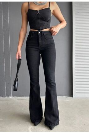 Genel Markalar Siyah Solmaz Yüksekbel Likralı Ispanyol Paça Jeans