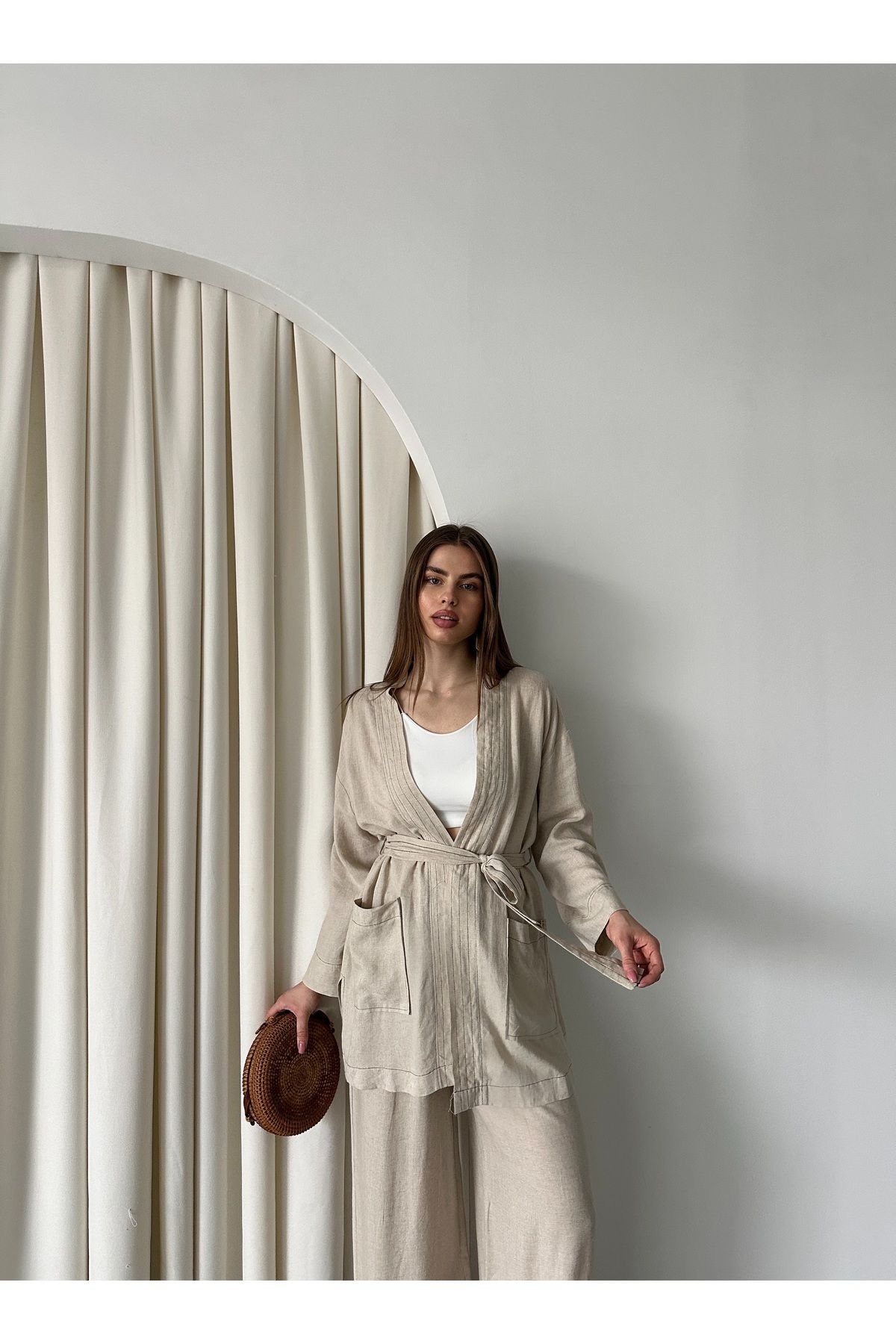 Laluvia-Set kimono cu curea cu buzunar natural - 8491 6
