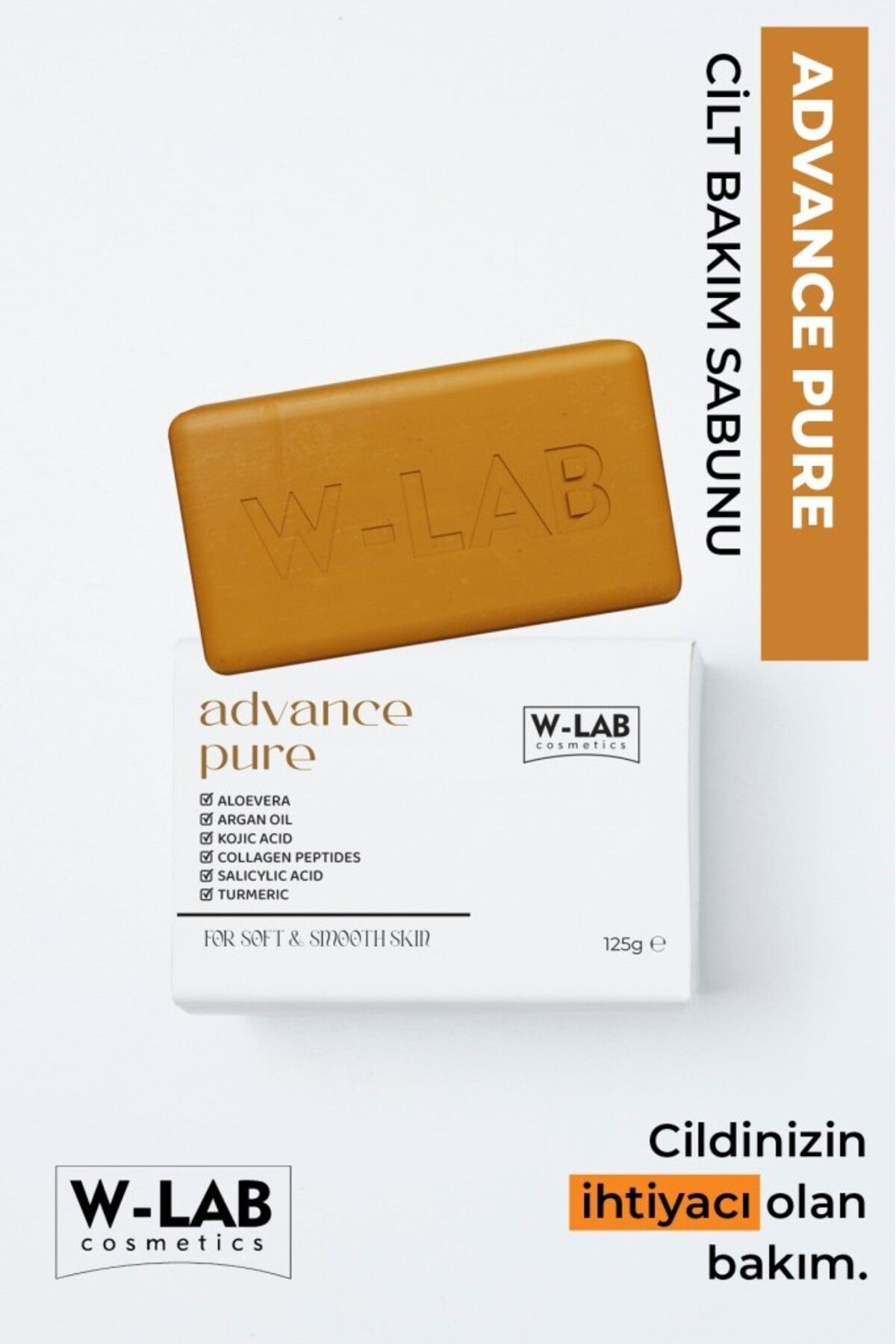 W-Lab Kozmetik Advance Pure Aloe Vera, Argan Yağı, Kojik Asit, Kolajen, Salisilik Asit, Zerdeçal Multi Sabun 125 g
