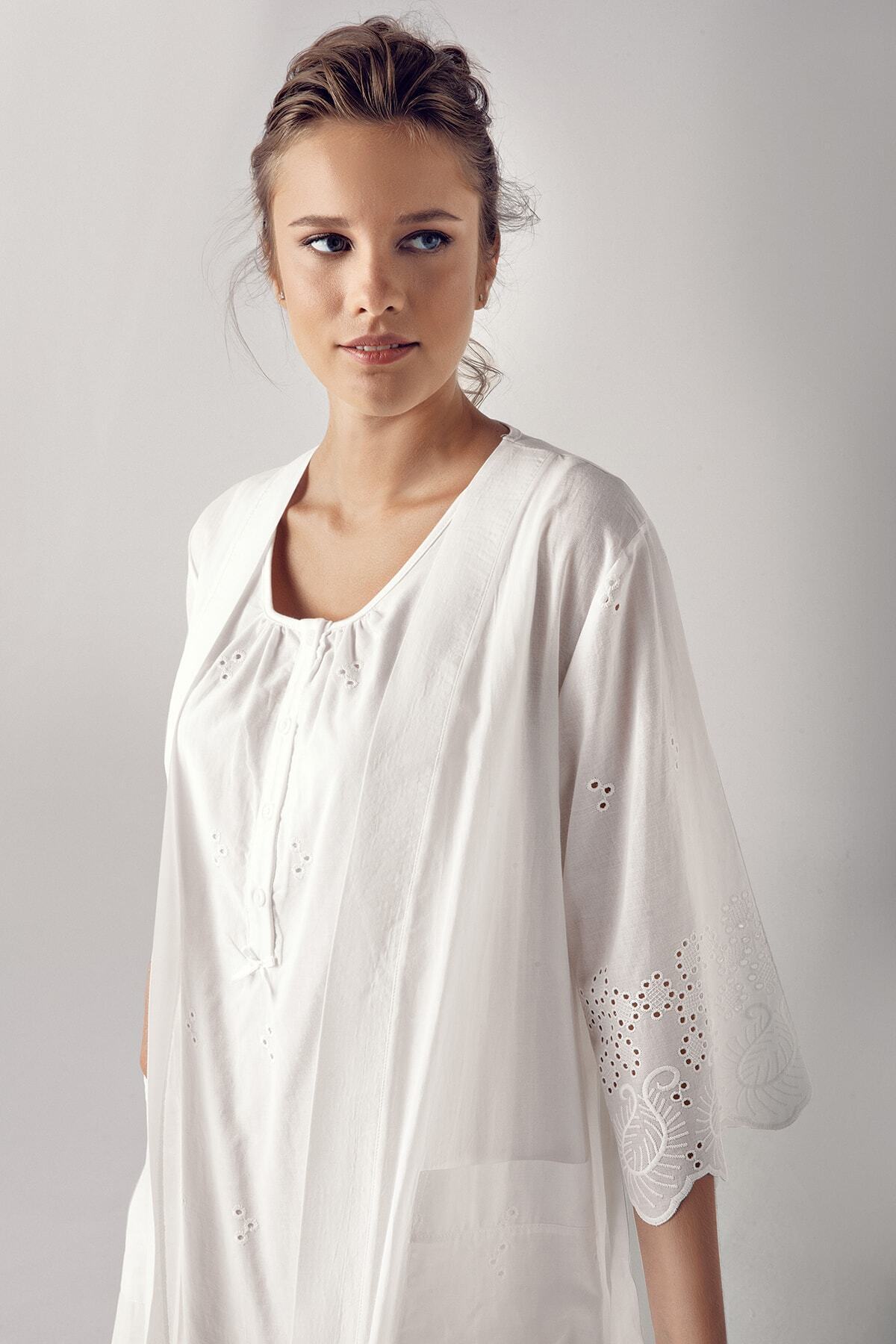 Artış Ekru Dokuma Pamuklu Lohusa Hamile Gecelik Ve Sabahlık Takım fotoğrafı 3 (önizleme)