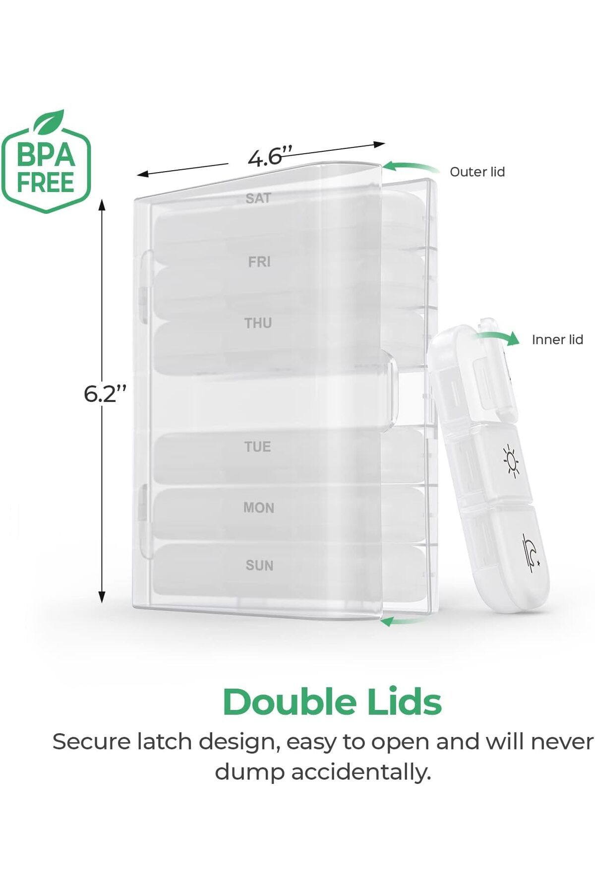COOYA-Portable Travel Pill Box, 7 Day with Large Pill Containers, Light Proof Pill Case (White) 3