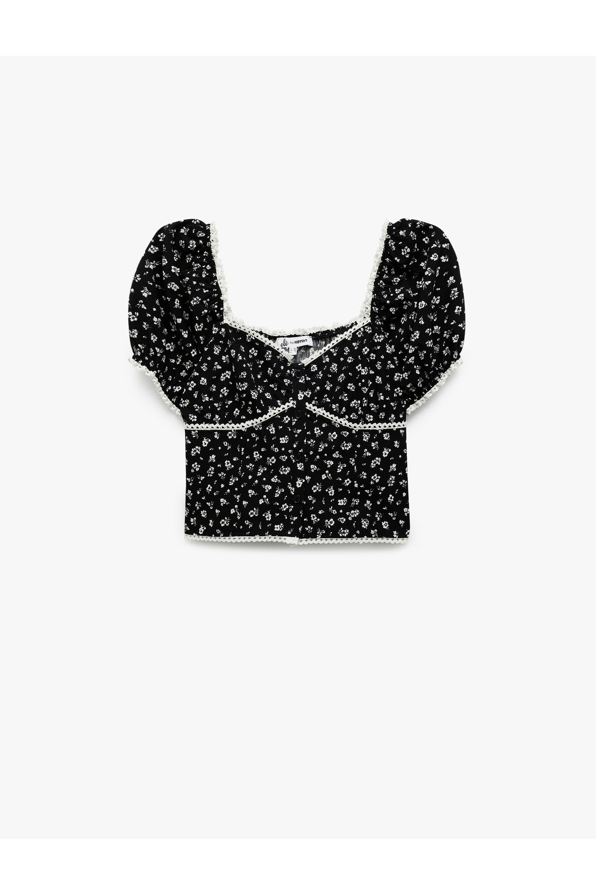 Koton-Sweetheart λαιμόκοψη κοντό μπαλόνι μανίκι Floral Crop μπλούζα 3