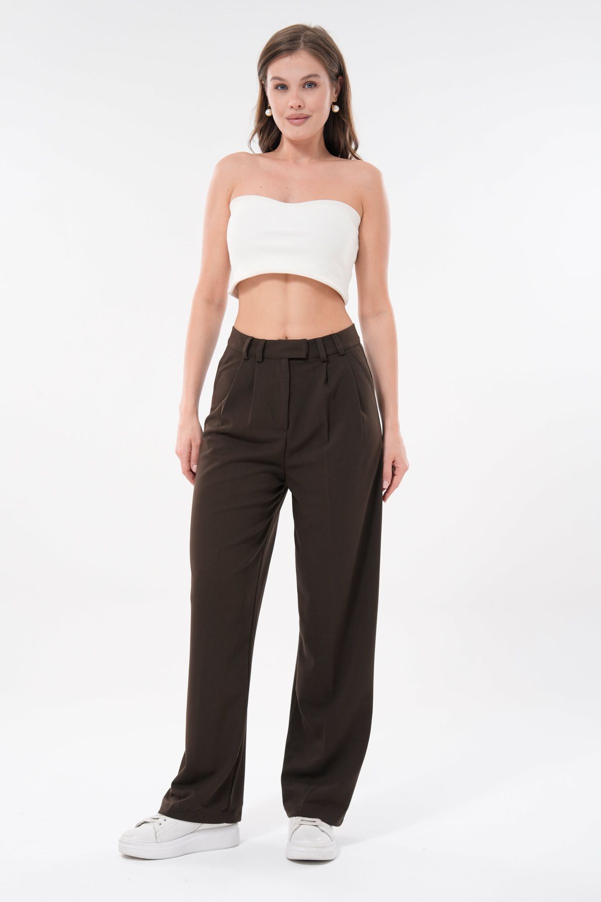 lovebox-Women's Modern Palazzo Cut Wide Leg Brown Fabric Trousers 002 1