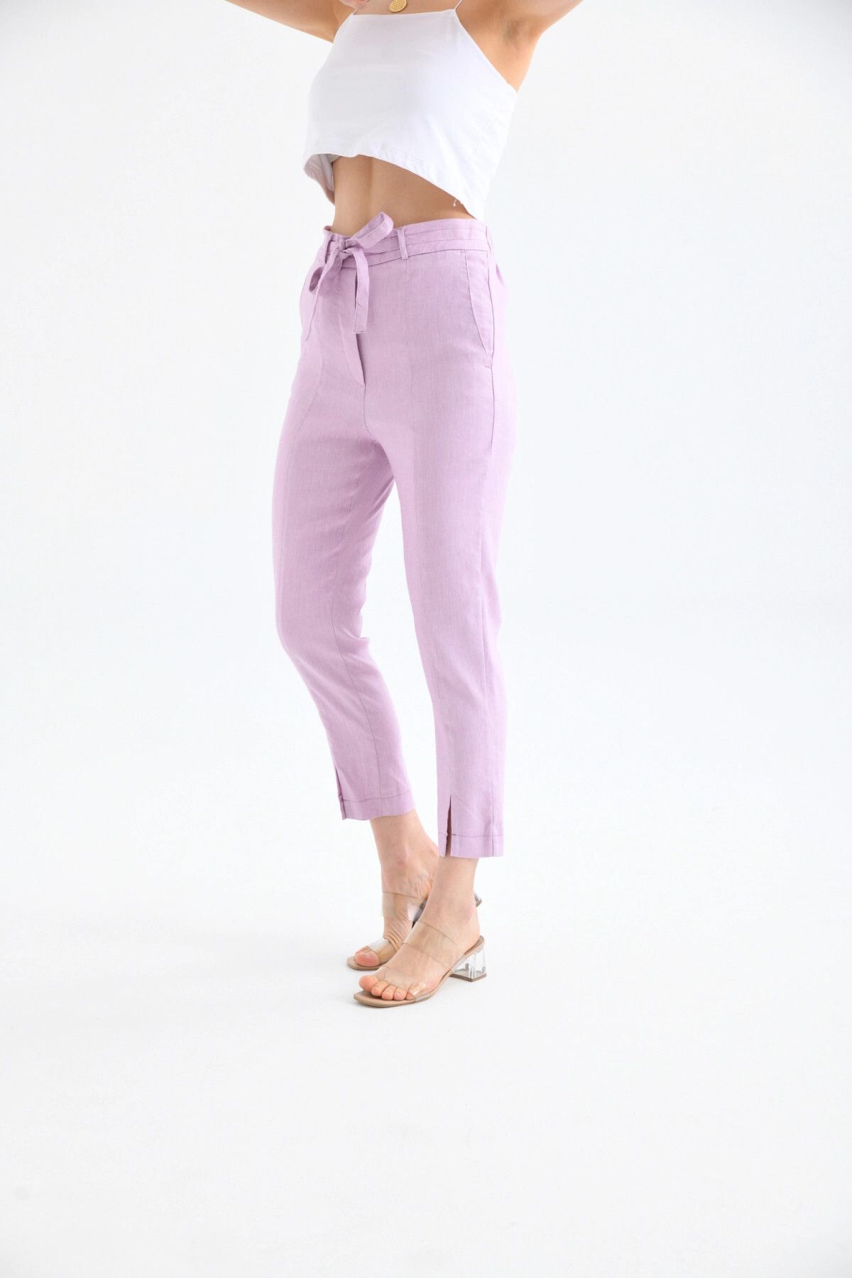 Park Karon-Women's Linen Trousers - Waist Lace-Up and Leg Detail 2