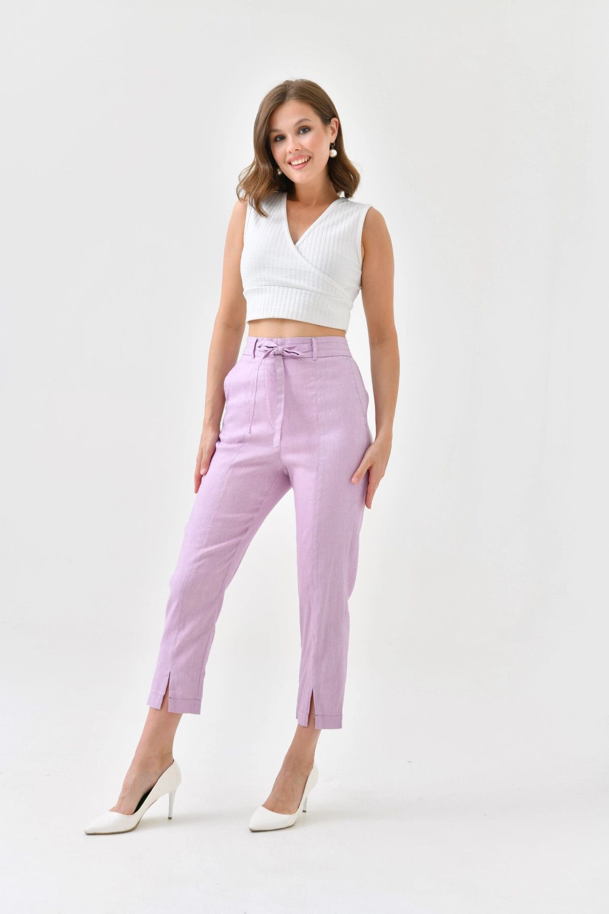 Park Karon-Women's Linen Trousers - Waist Lace-Up and Leg Detail 1