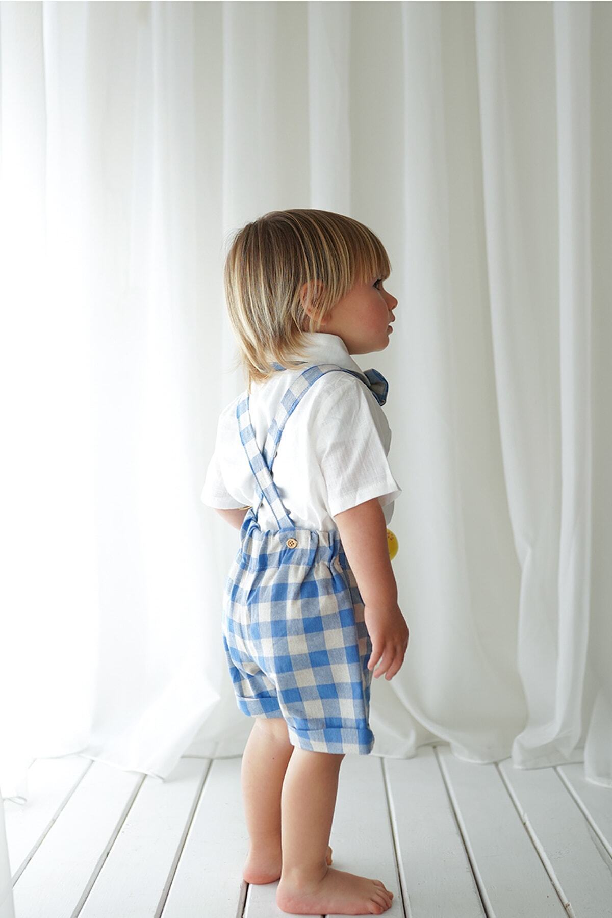 Catz Kids-Pantaloni scurți albastru crem carouri in Salopet + cămașă cu mânecă scurtă + papion 4