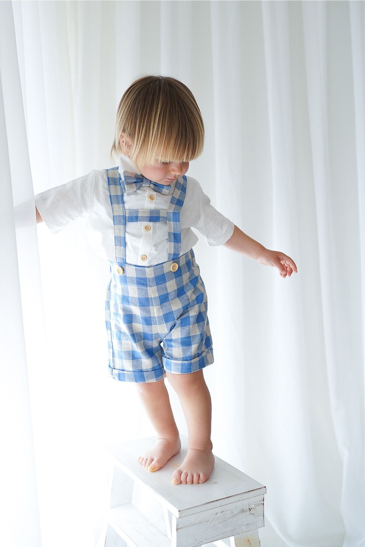 Catz Kids-Pantaloni scurți albastru crem carouri in Salopet + cămașă cu mânecă scurtă + papion 3
