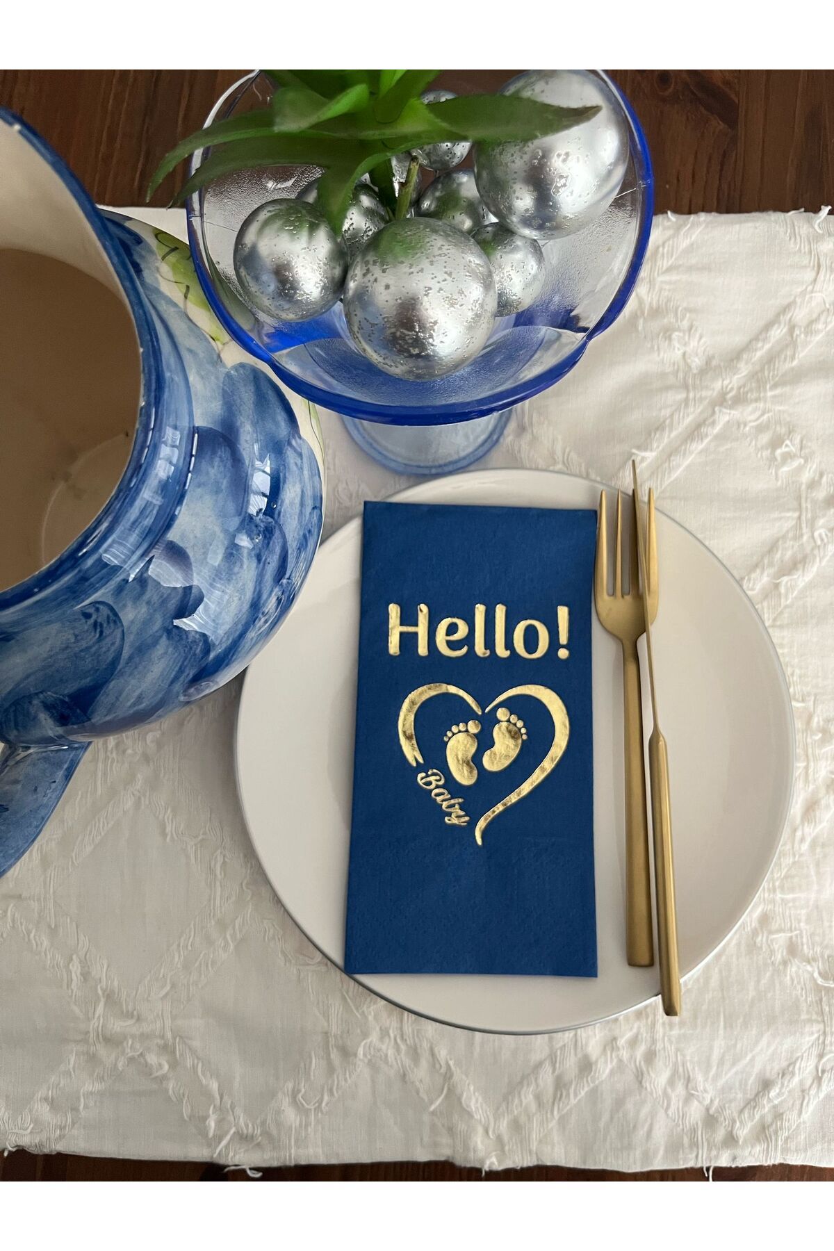 kidspartim Gold Yaldızlı Bodrum Mavisi hello Baby Ayaklı Peçete 16 Adet