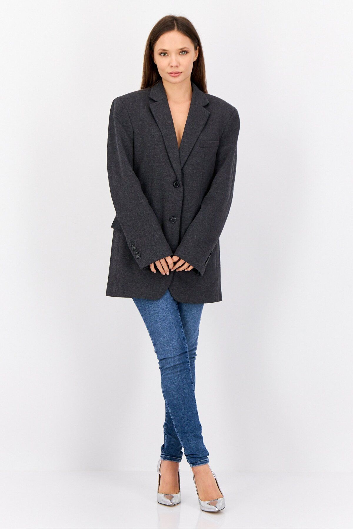 Esprit-Women Oversized Textured Semi Formal Blazer, Dark Grey 3