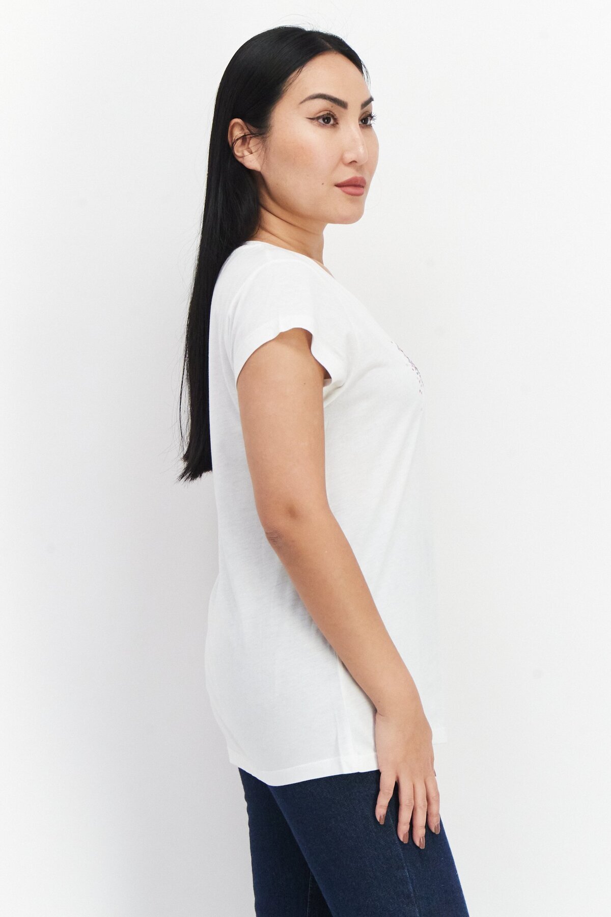 Pepe Jeans-Women Crew Neck Short Sleeves Sequins T-Shirt, White 4