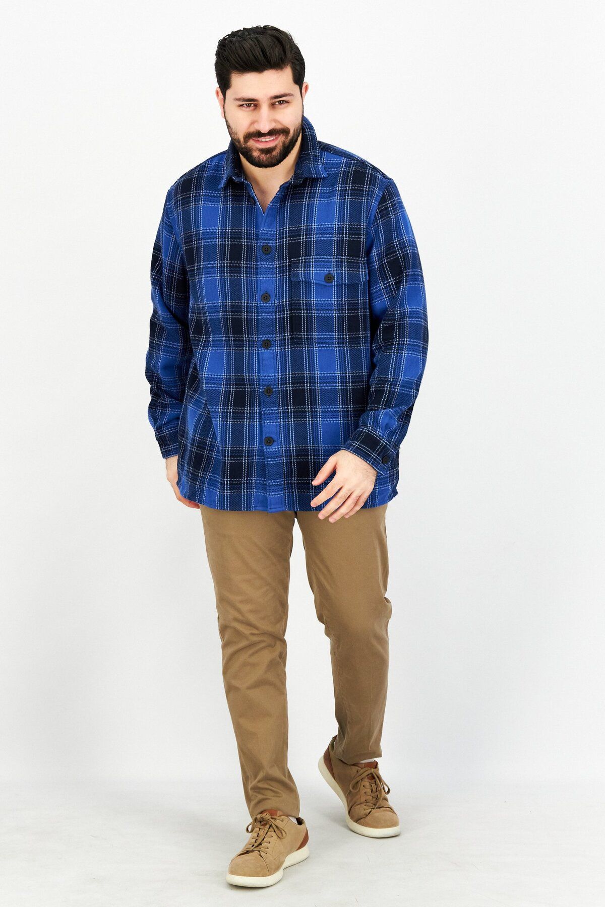 CELIO-Men Plaid Long Sleeve Shirt Jacket, Blue 2