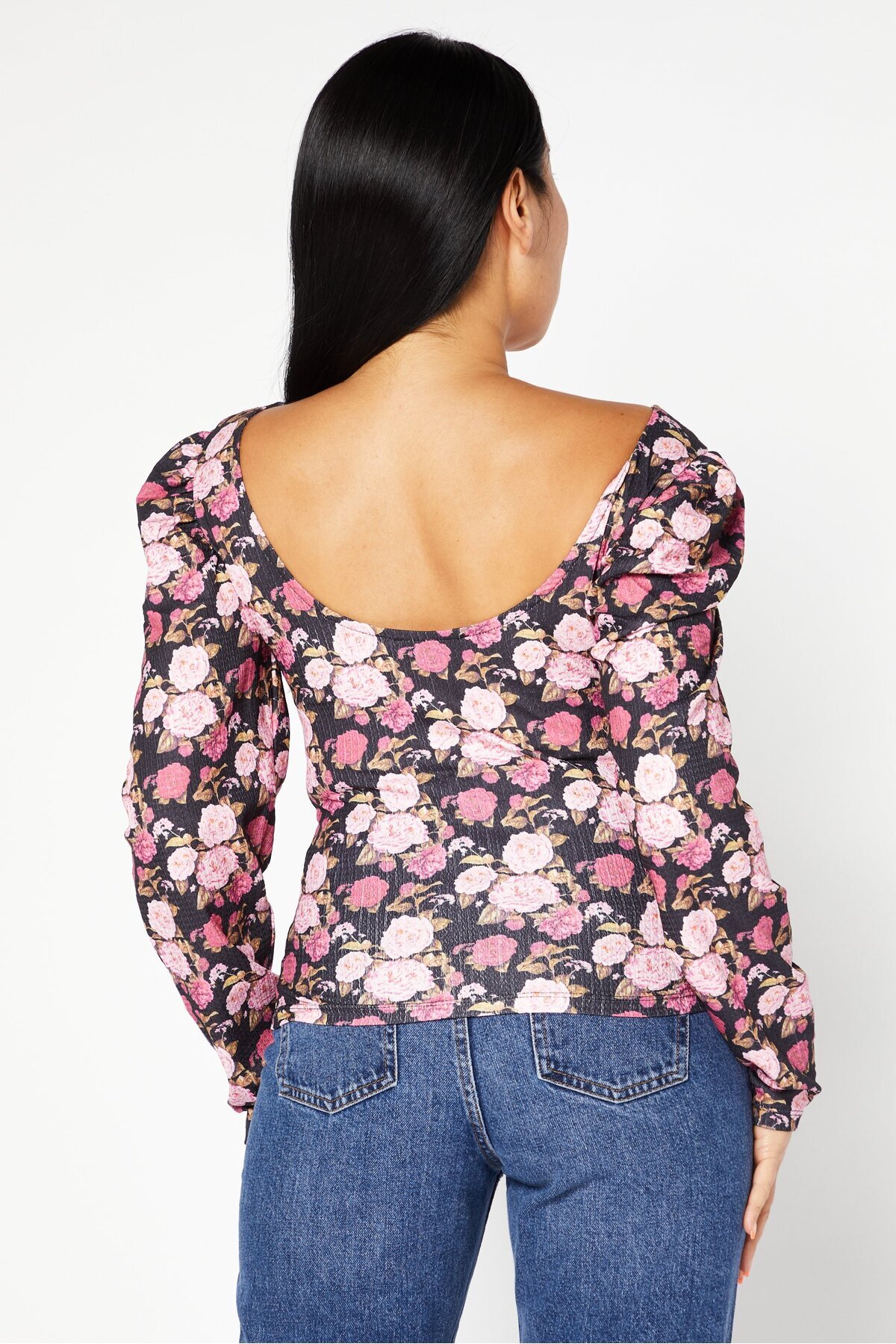 NA-KD-Women Scoop Neck Long Sleeve Floral Print Top, Pink Combo 3