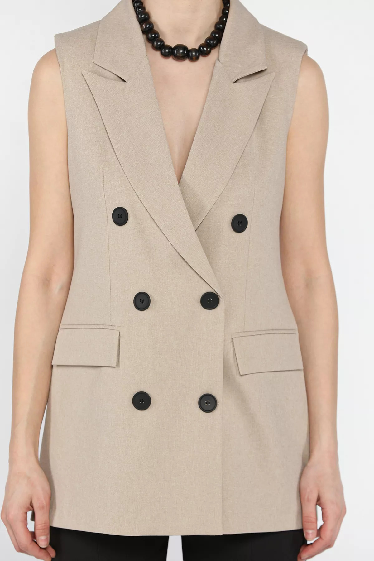 GÜLSELİ-Stone Women's Double Breasted Collar Lined Vest 4
