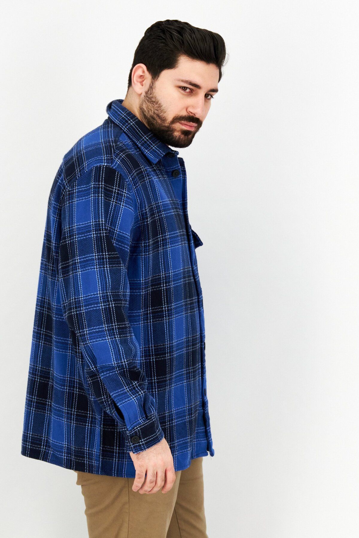CELIO-Men Plaid Long Sleeve Shirt Jacket, Blue 3