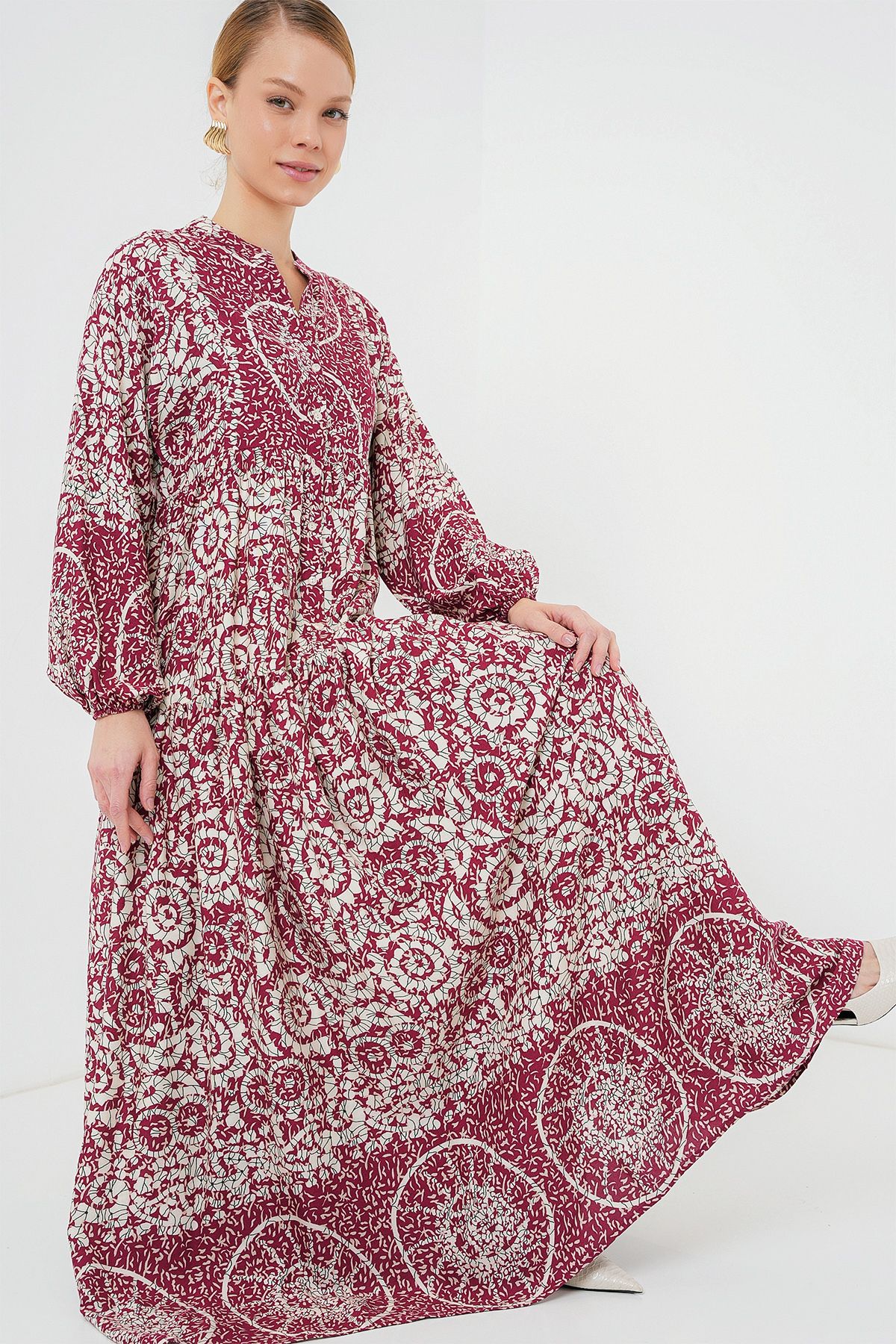 Bigdart-2423 Authentic Patterned Hijab Dress - E. Fuchsia 1