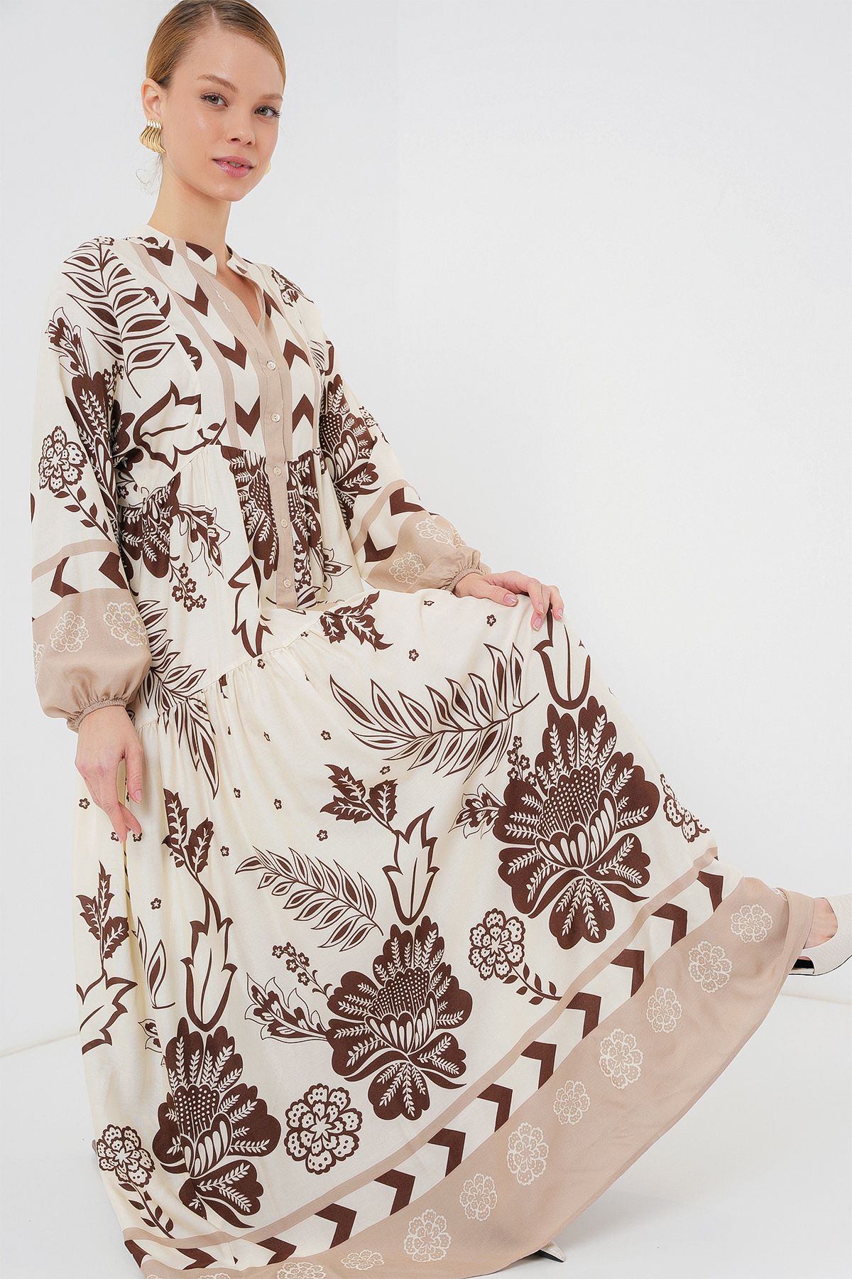 Bigdart-2423 Authentic Patterned Hijab Dress - H. Brown 2