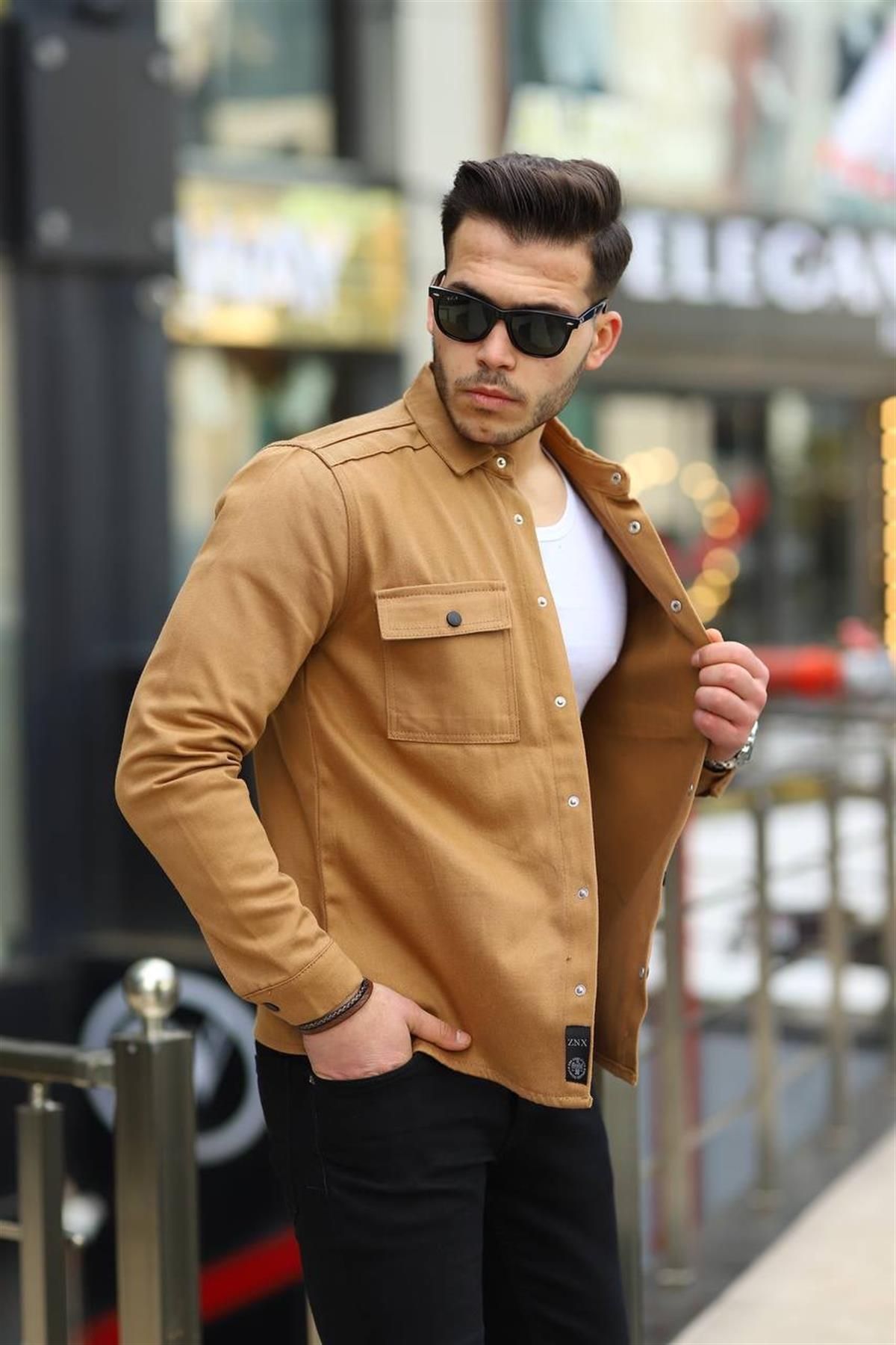 Pobudo-Camel Color Double Pocket Snap Denim Shirt 2