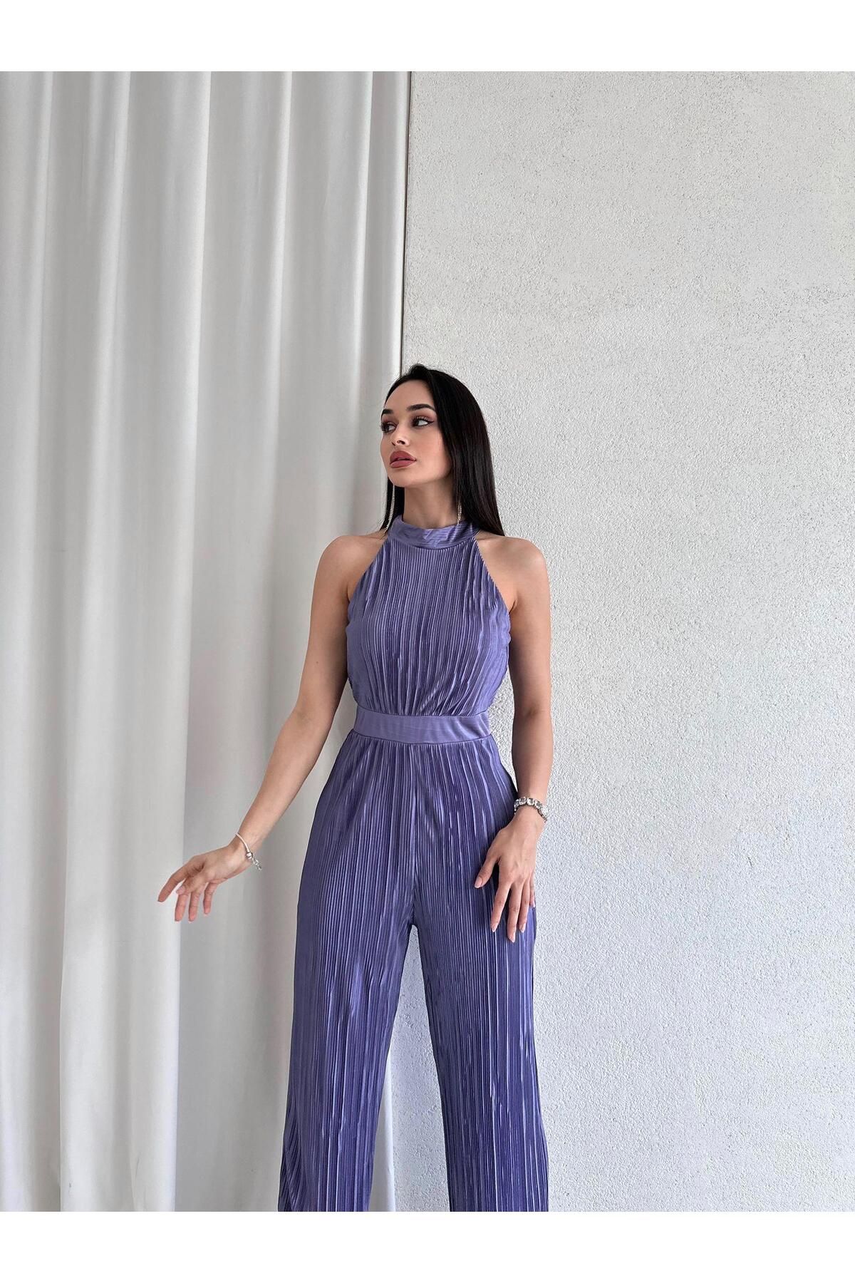 Misscix-Ribbed Sleeveless Halter Neck Purple Women's Evening Dress Jumpsuit 3