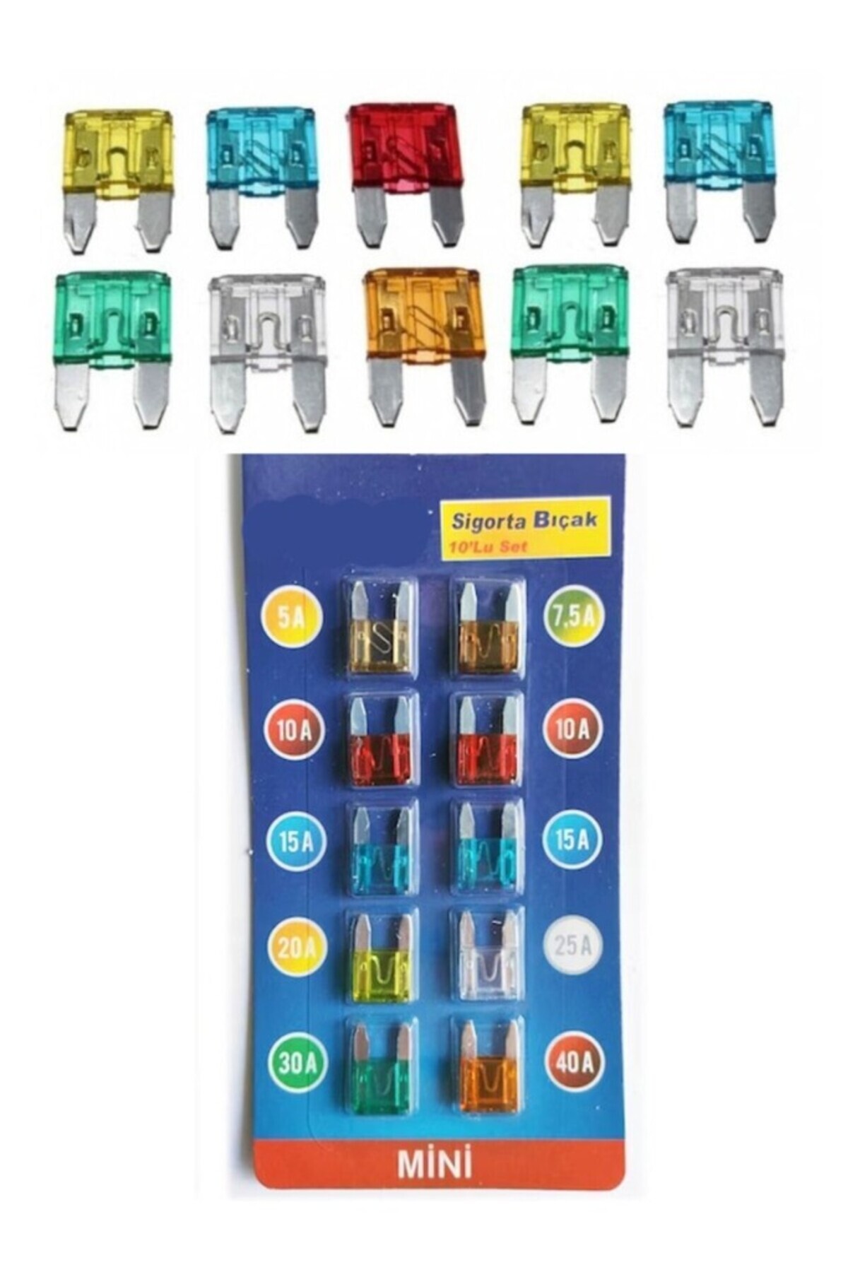 optana Oto Araç Mini Sigorta Seti 10'lu - 5A 7.5A 10A 15A 20A 25A 30A 40A Çeşitli Amper Değerlerinde