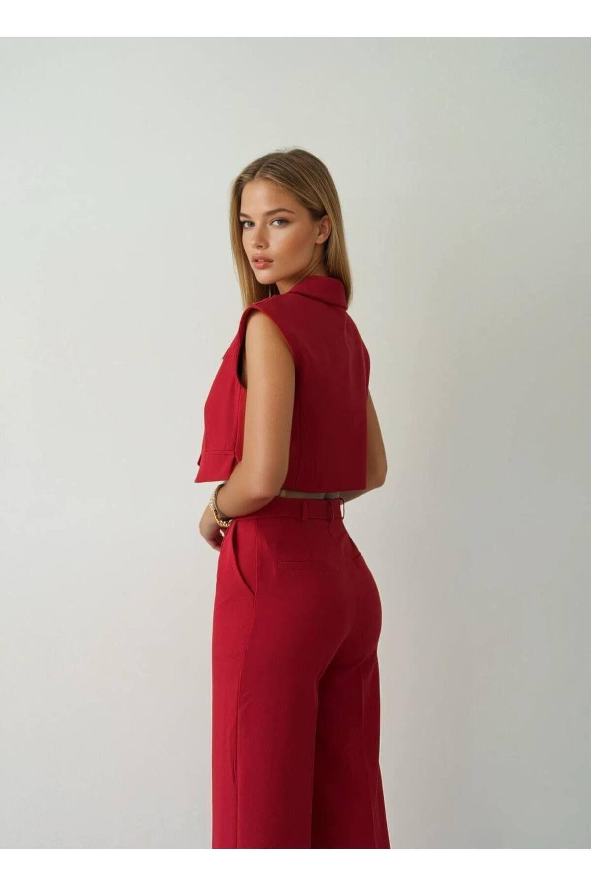 MİSSCİXFASHİON-Women's Red Evening Dress Jacket and Pants Double Set 4