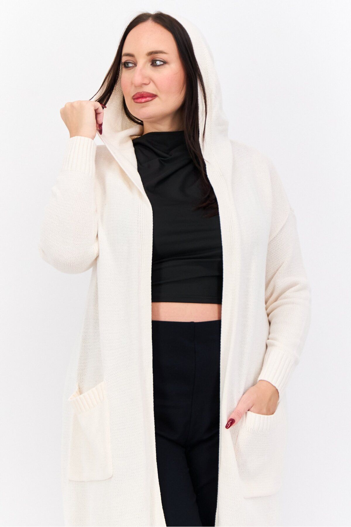 Style & Co-Women Plus Size Hooded Long Sleeves Knitted Cardigans, Cream 2