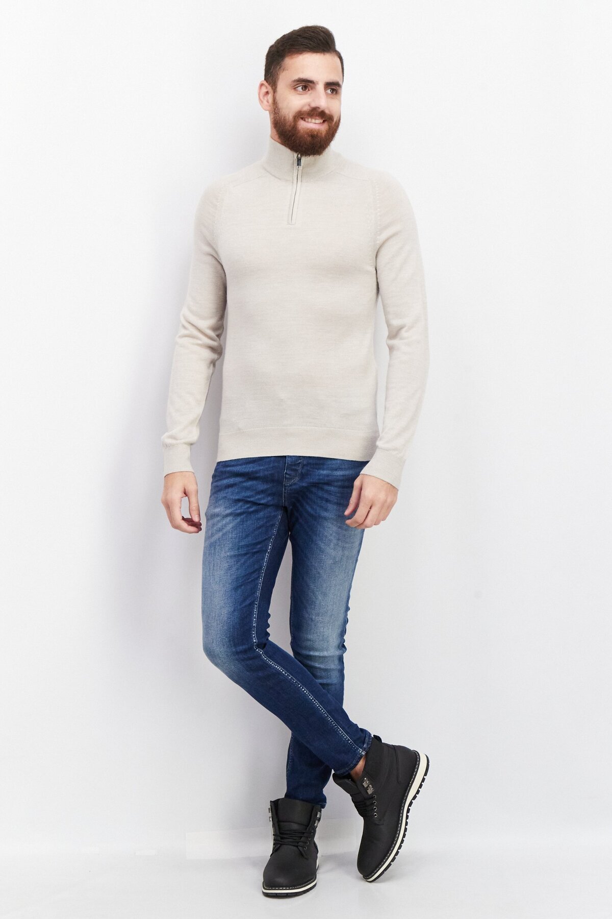 CELIO-Men High Neck Long Sleeve Plain Sweaters, Beige 3