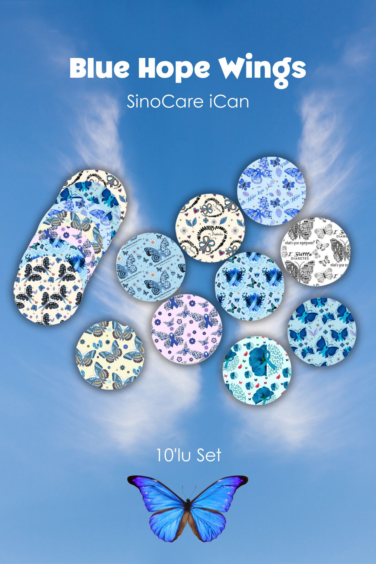 StickIT Sinocare iCan Sensör Koruyucu Bant Blue Hope Wings Serisi 10'lu Paket