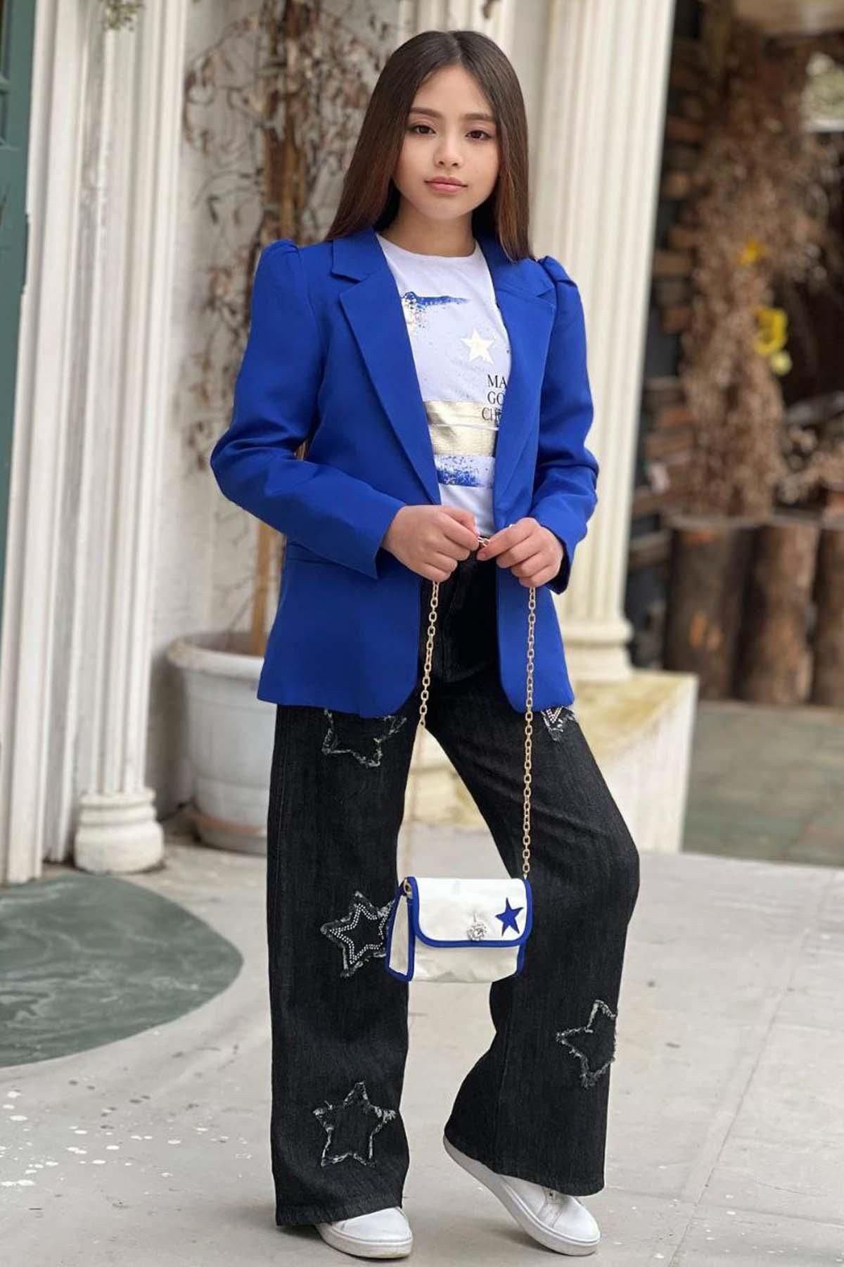 Riccotarz-Tricou imprimat pentru fete, cu croiala larga, pantaloni din denim cu detaliu stea, jacheta albastra, costum de sus 5