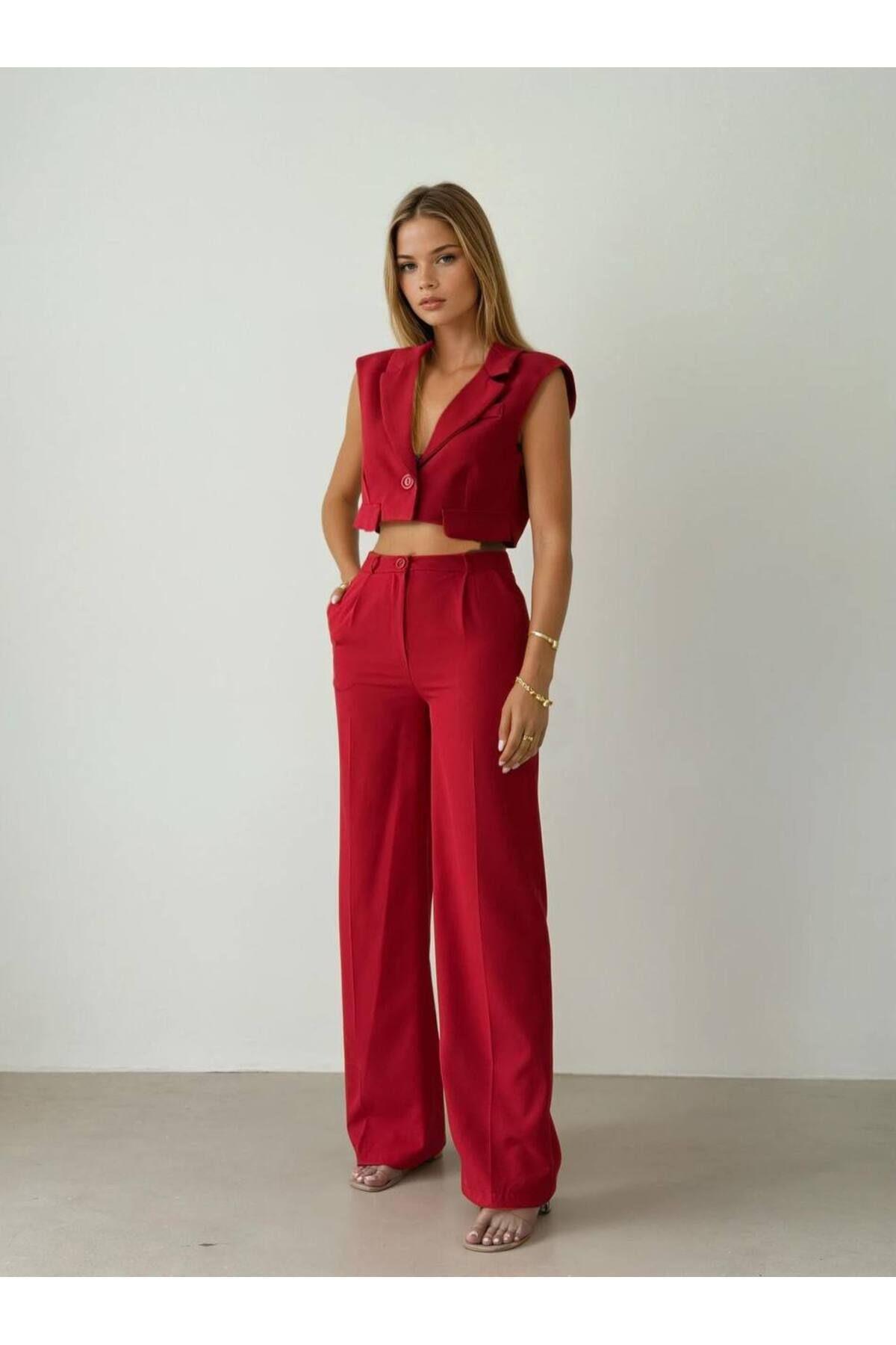 MİSSCİXFASHİON-Women's Red Evening Dress Jacket and Pants Double Set 2