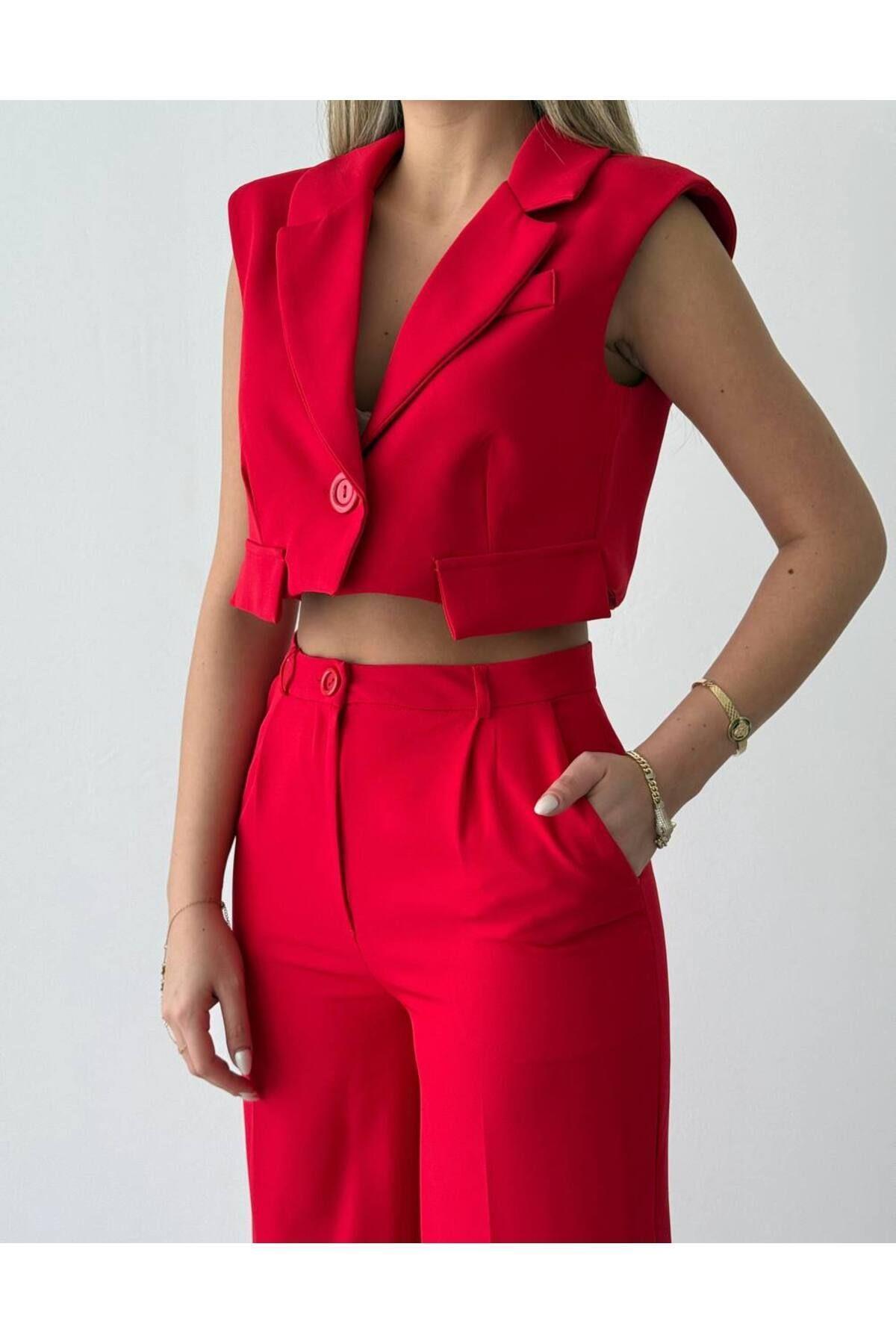 MİSSCİXFASHİON-Women's Red Evening Dress Jacket and Pants Double Set 3