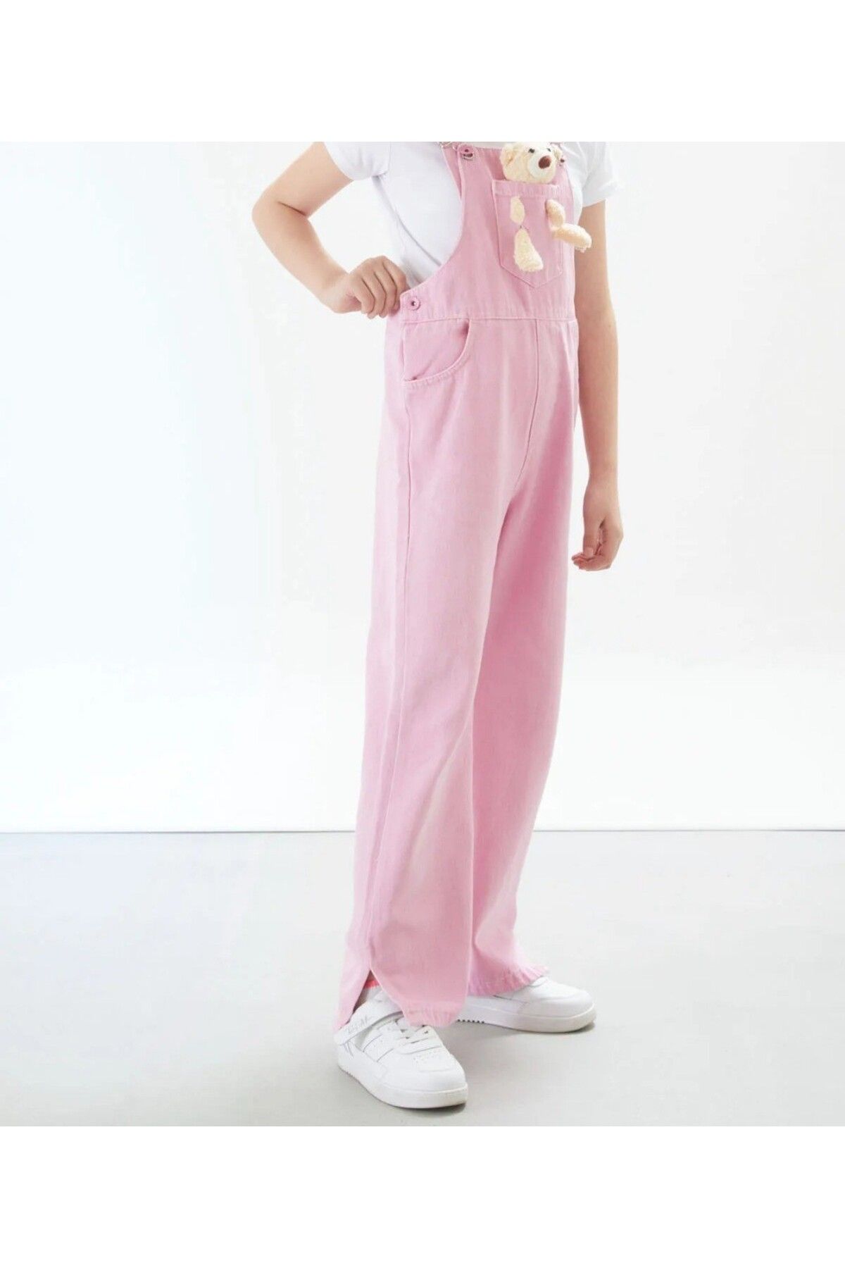DEROSHkids-Girl's Pink Teddy Bear Salopet Jumpsuit with Slit Detail 2