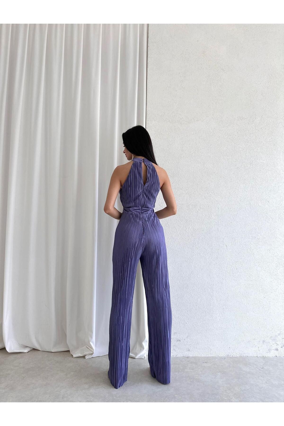 Misscix-Ribbed Sleeveless Halter Neck Purple Women's Evening Dress Jumpsuit 4