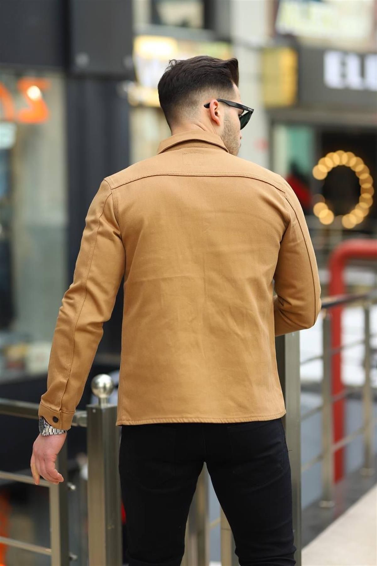 Pobudo-Camel Color Double Pocket Snap Denim Shirt 4