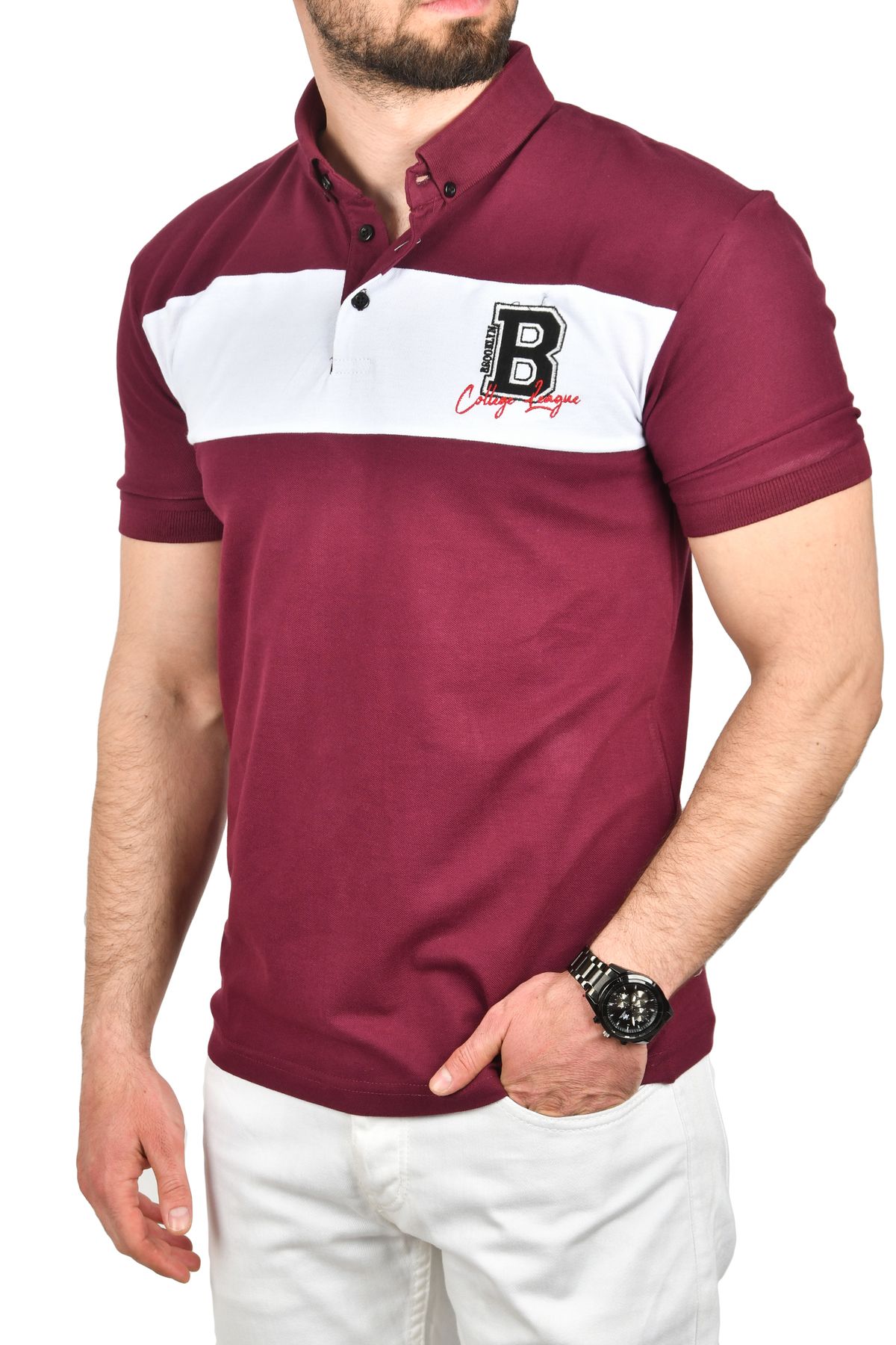 تی شرت یقه ای یقه پولو مردانه Claret Red Slim Fit پارچه نخی باریک و باریک یقه یقه دار 2503019 DeepSea